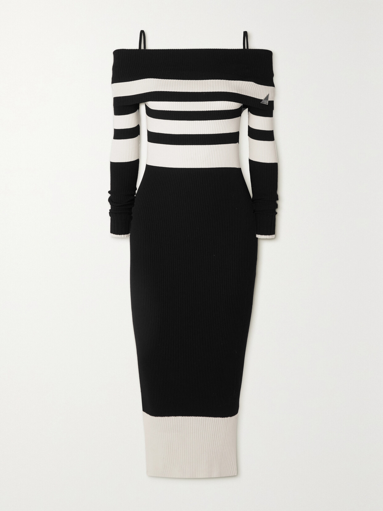 Attico Amalia Striped Off-the-shoulder Knit Midi Dress In Black