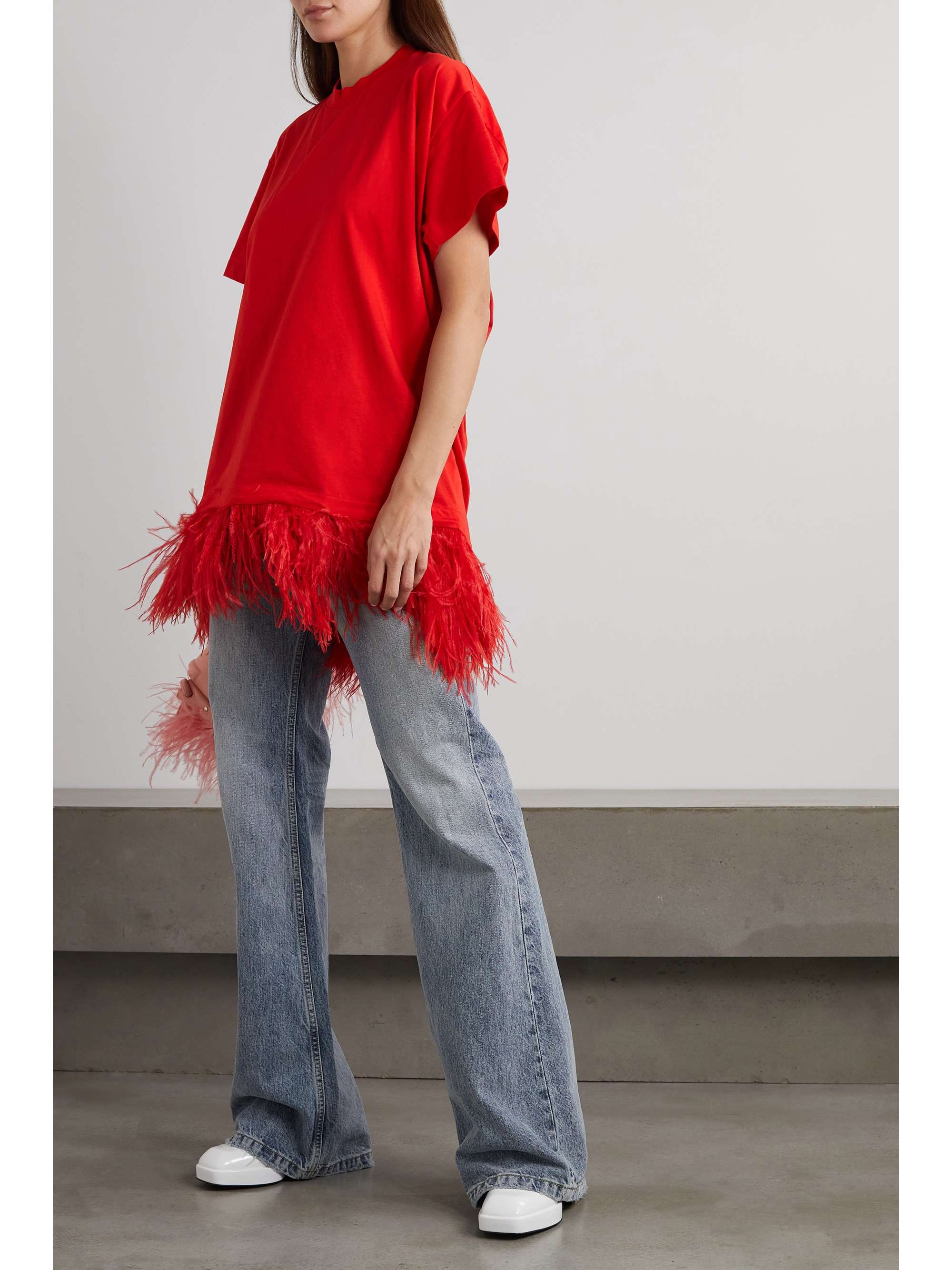 Oversized feather-trimmed organic cotton-jersey T-shirt