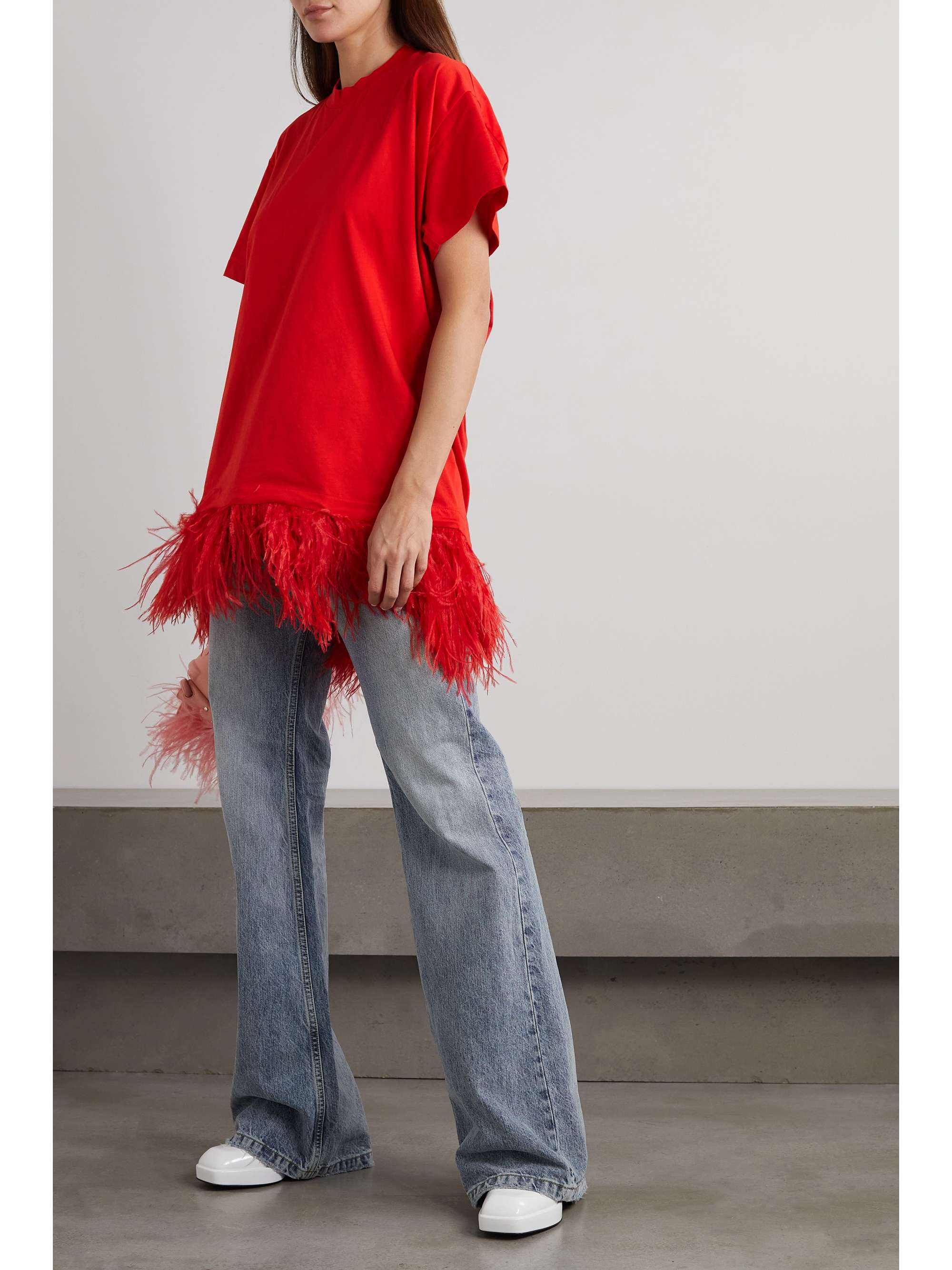 MARQUES' ALMEIDA Oversized feather-trimmed organic cotton-jersey T ...