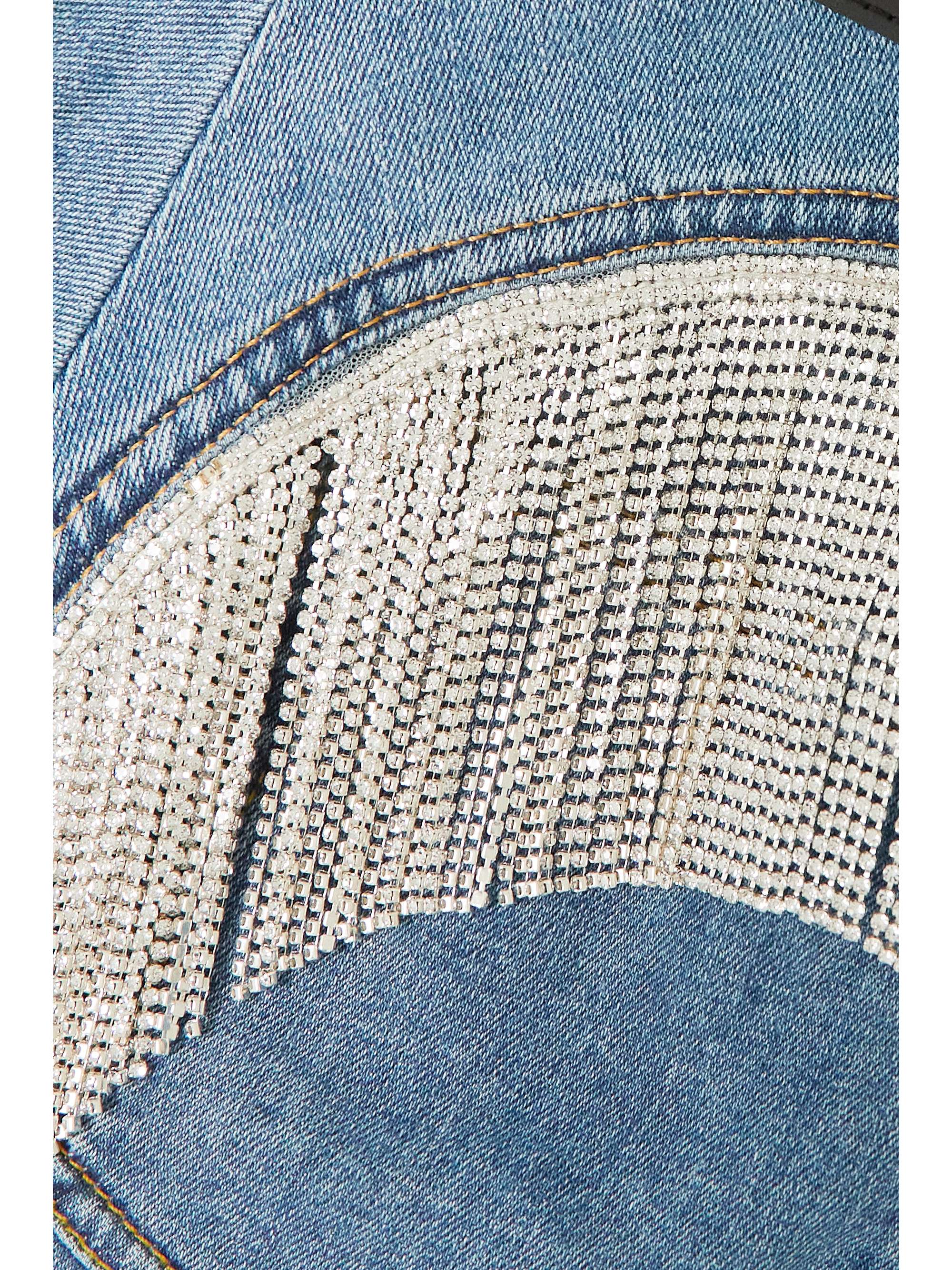MUGLER Paneled crystal-embellished fringed denim shorts