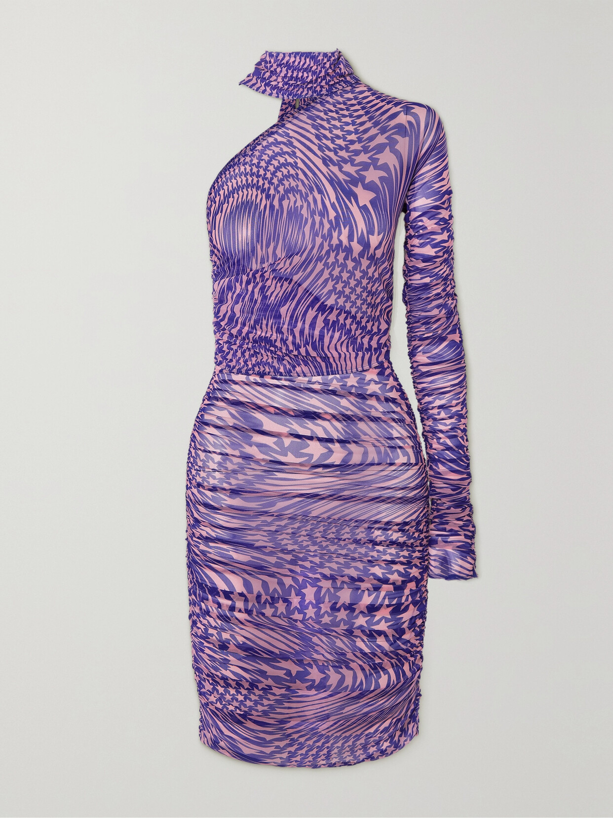 Mugler - Asymmetric Tie-neck Printed Stretch-tulle Dress - Purple