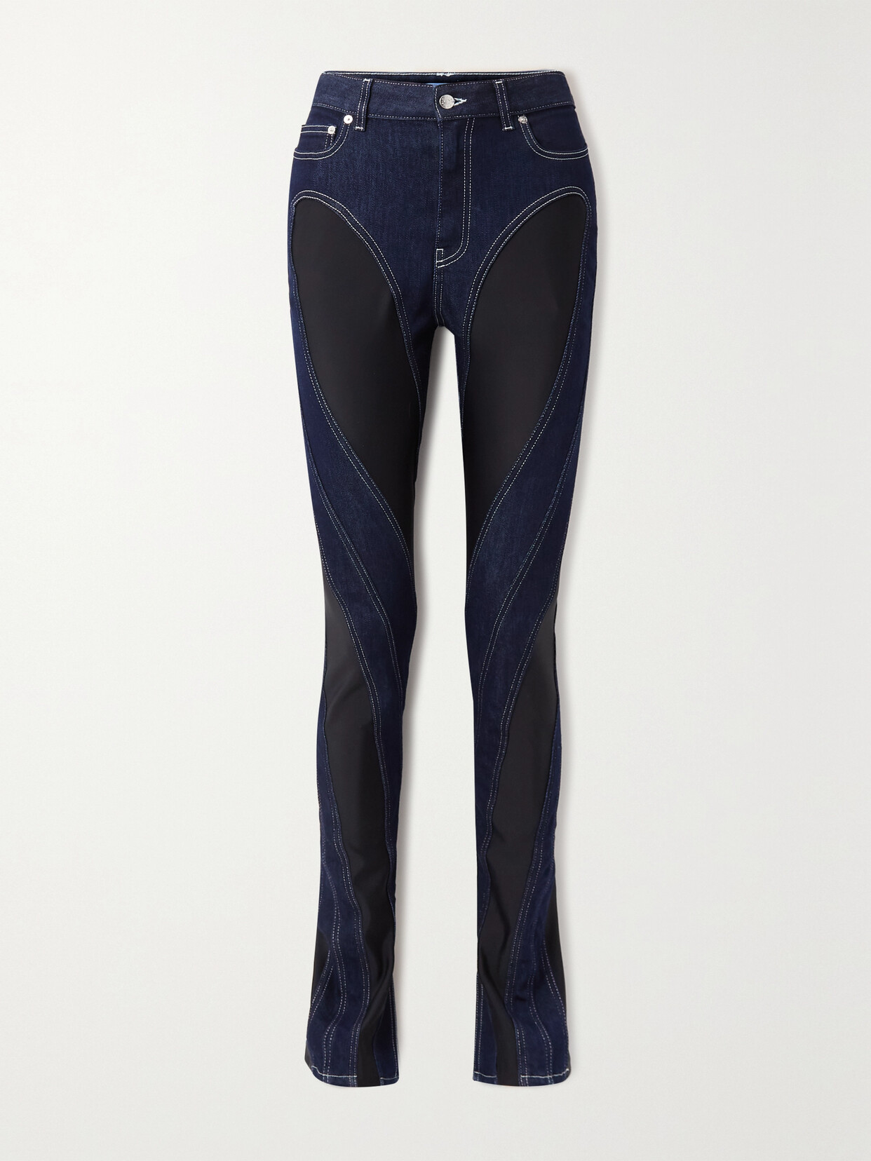 Mugler Spiral Seam-embellished Skinny High-rise Stretch-denim Jeans In Blue