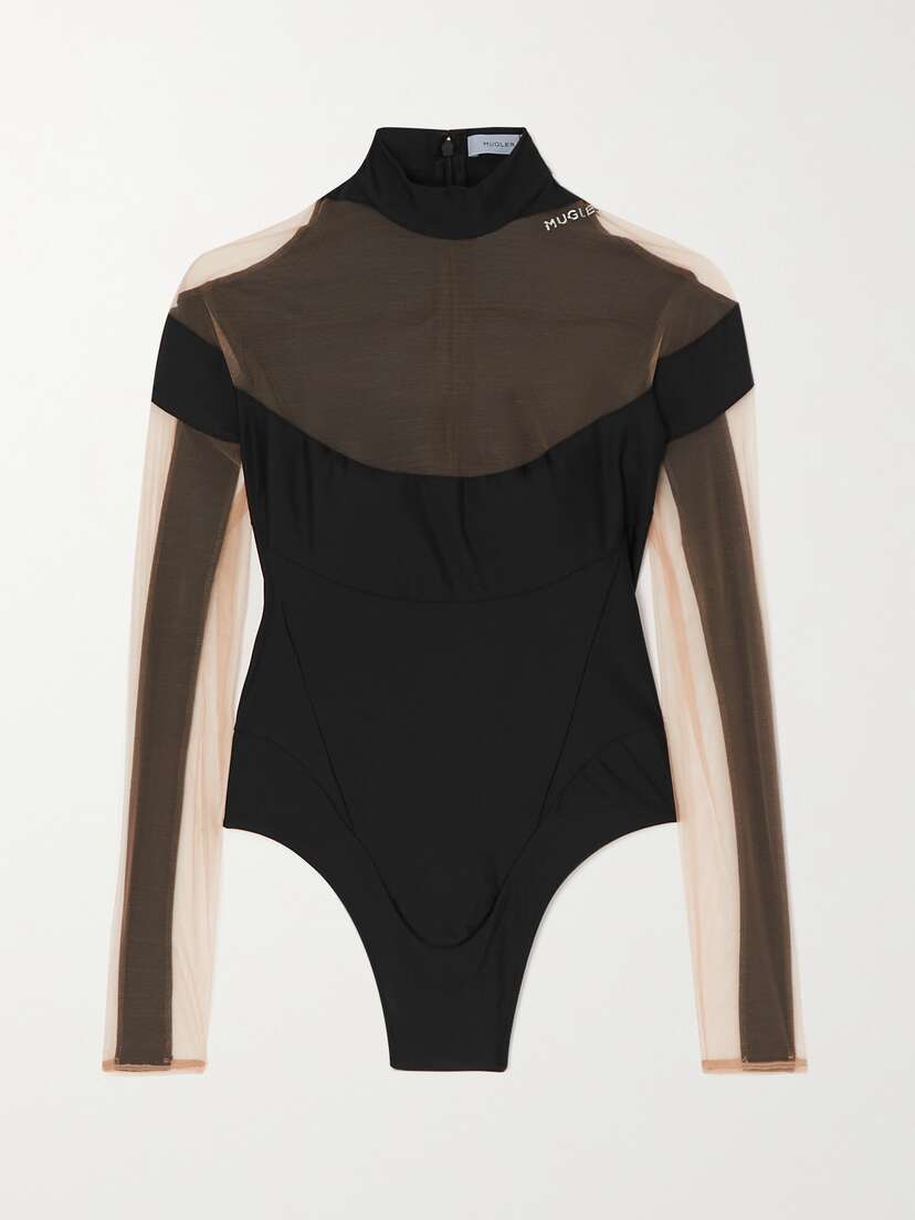 Mugler Illusion Stretch-jersey And Tulle Bodysuit