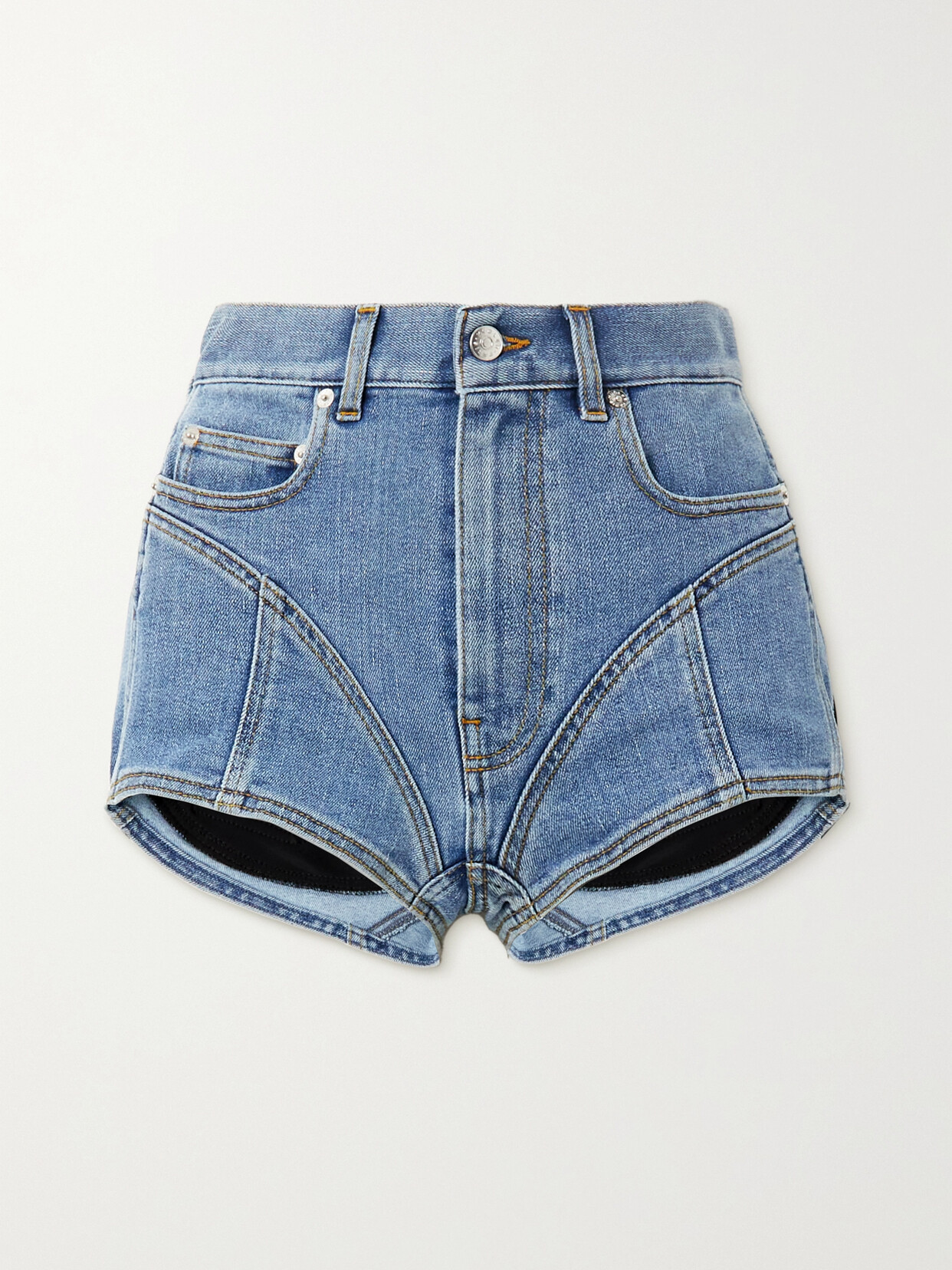 Mugler - Paneled Denim And Stretch-jersey Shorts - Blue