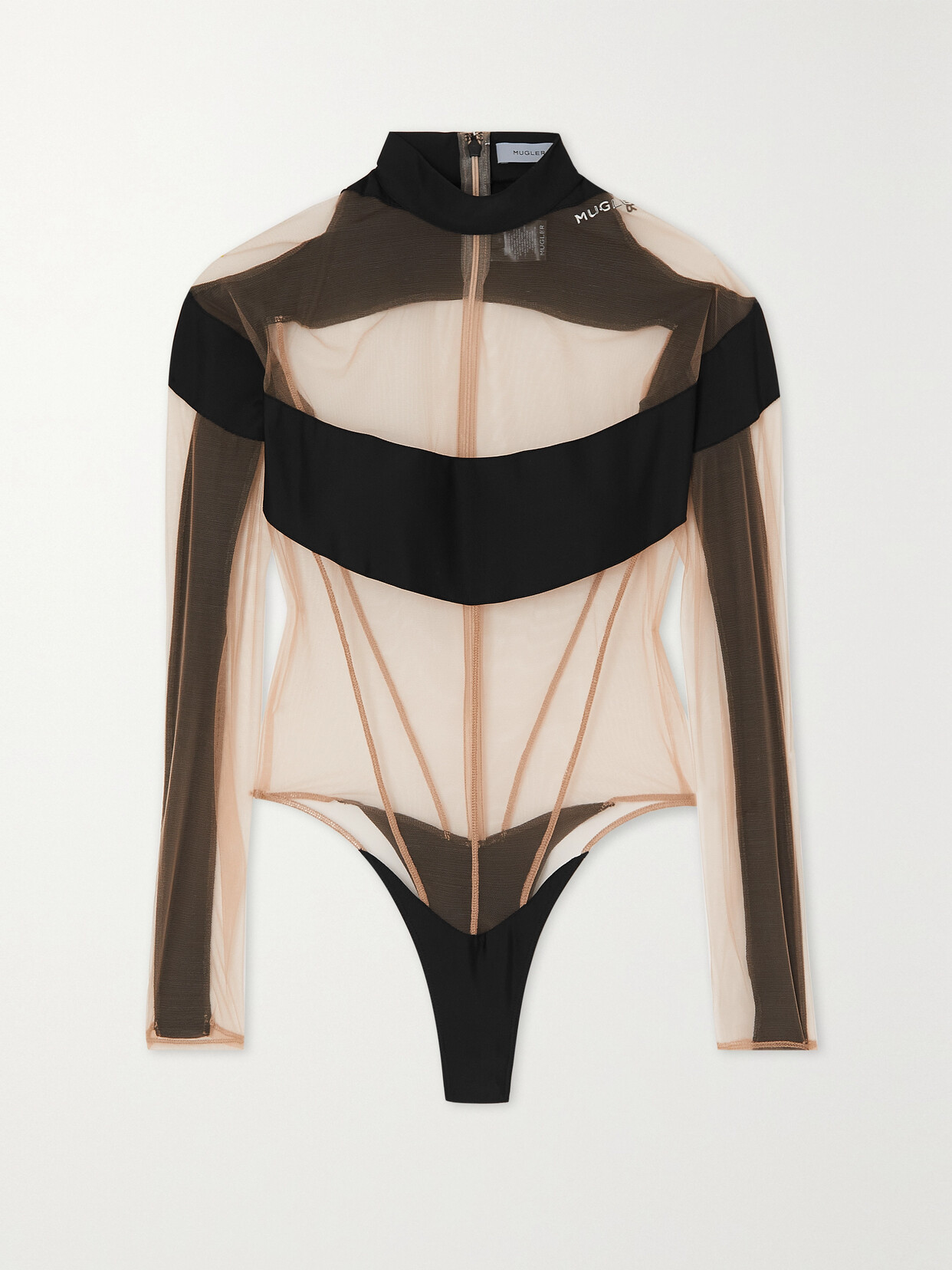 Mugler - Illusion Stretch Jersey-trimmed Tulle Thong Bodysuit - Black