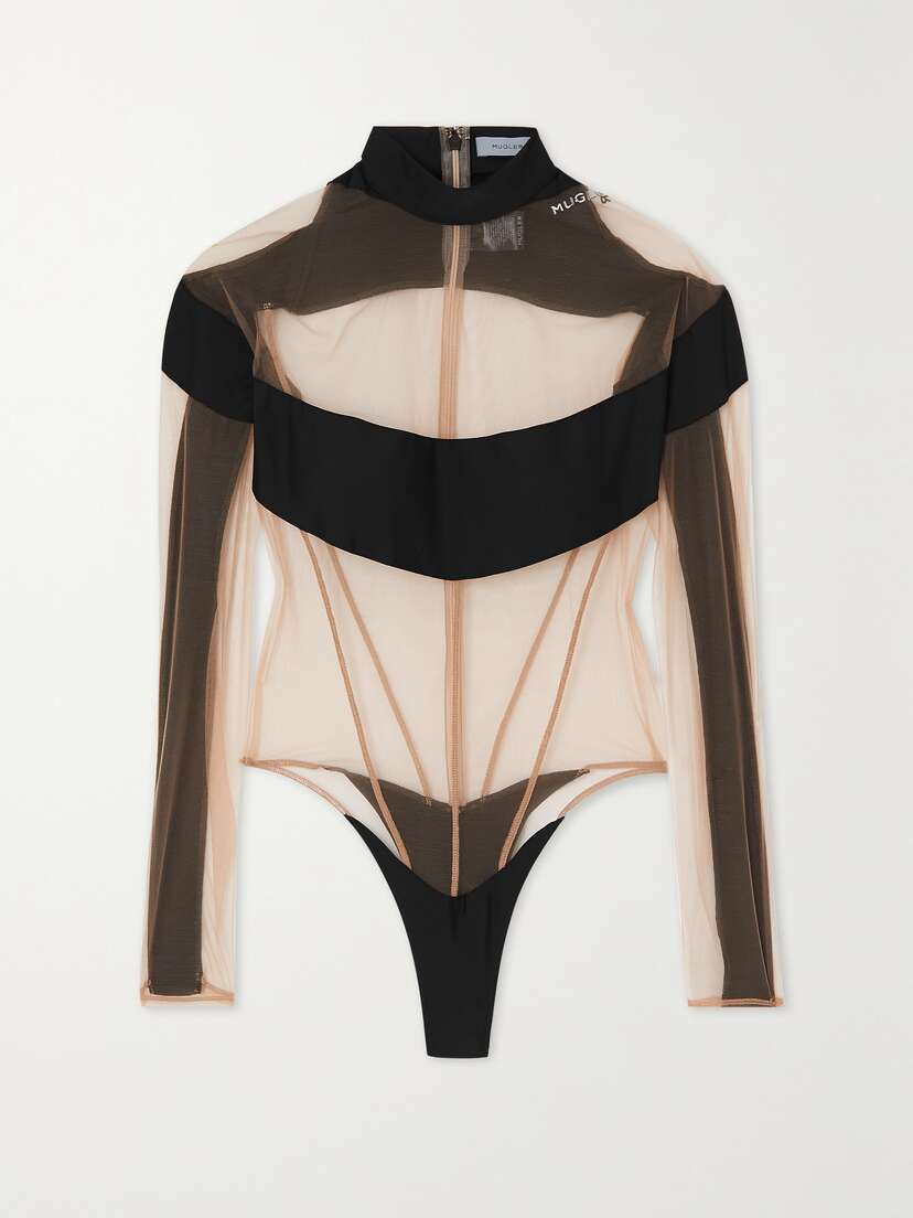 Mugler Illusion Stretch Jersey-trimmed Tulle Thong Bodysuit