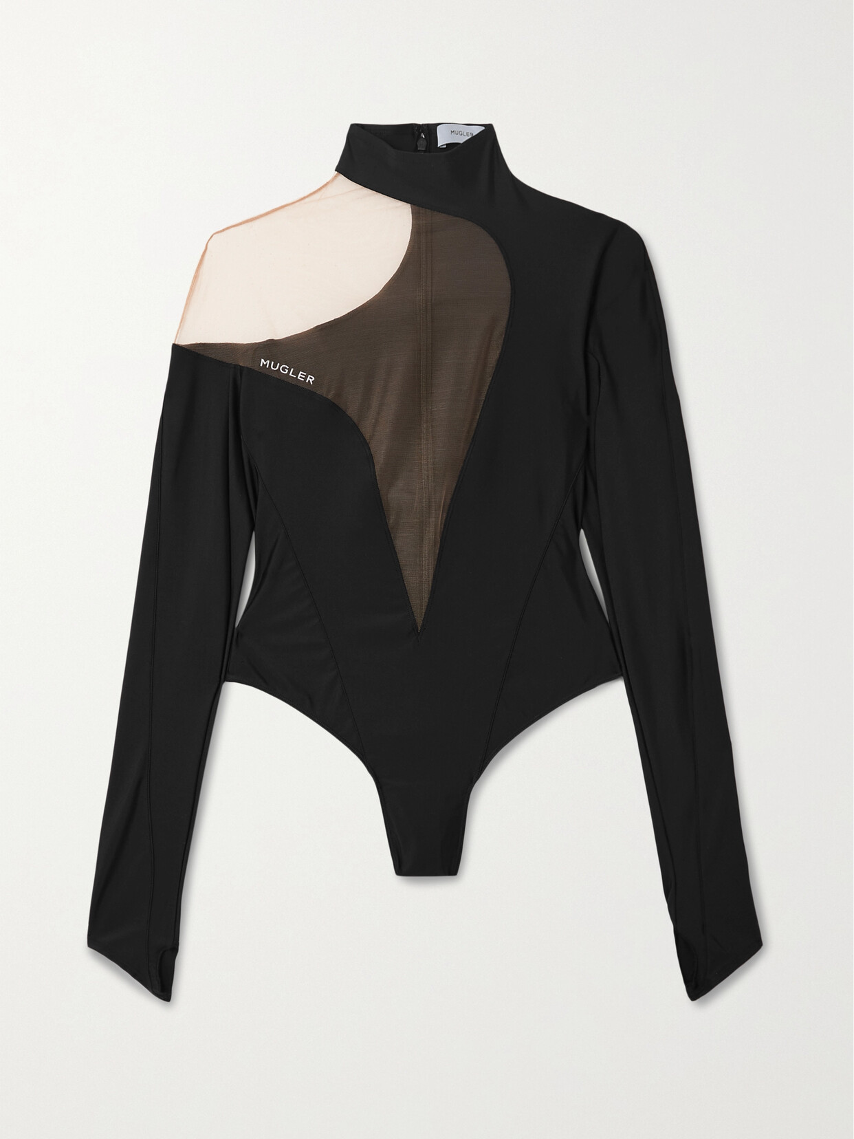 Mugler - Illusion Asymmetric Tulle-paneled Stretch-jersey Bodysuit - Black