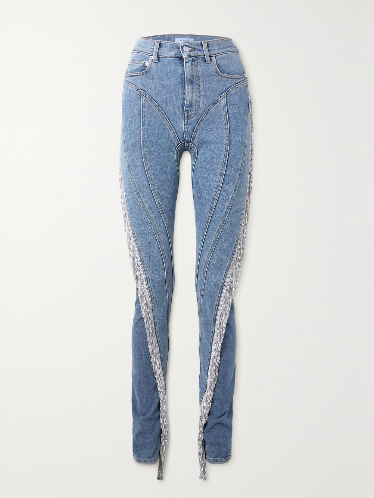 MUGLER CRYSTAL-EMBELLISHED PANELED HIGH-RISE SKINNY JEANS