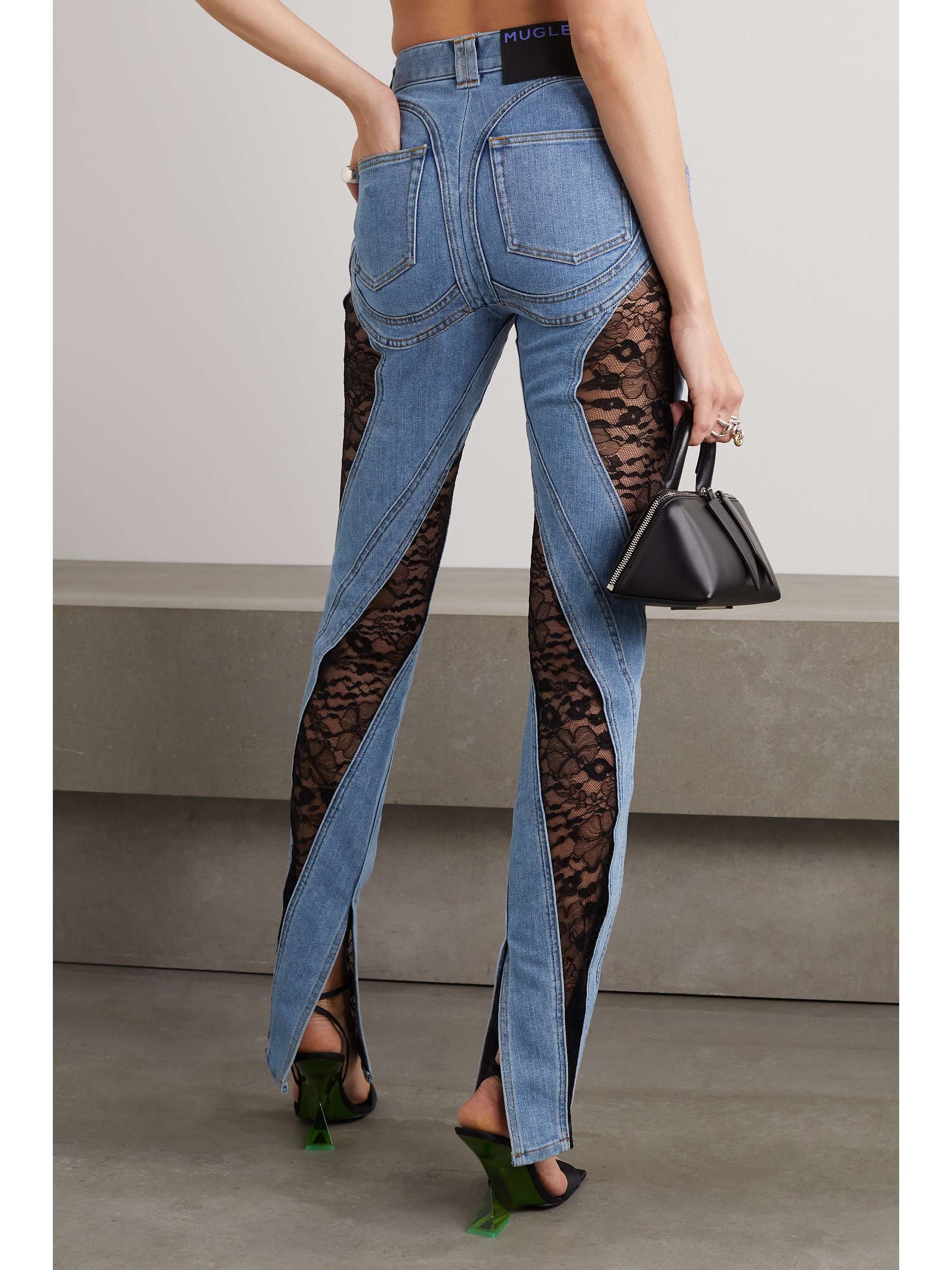 MUGLER Lace-paneled high-rise skinny jeans