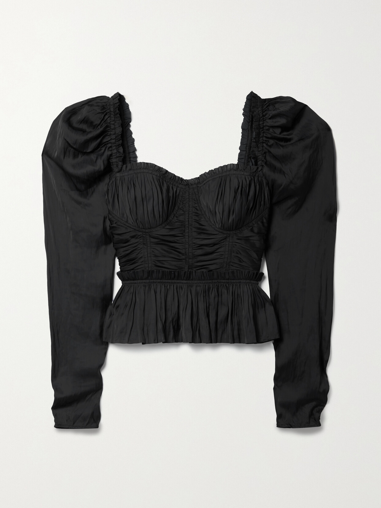 Ulla Johnson - Mia Ruffled Gathered Satin Peplum Blouse - Black