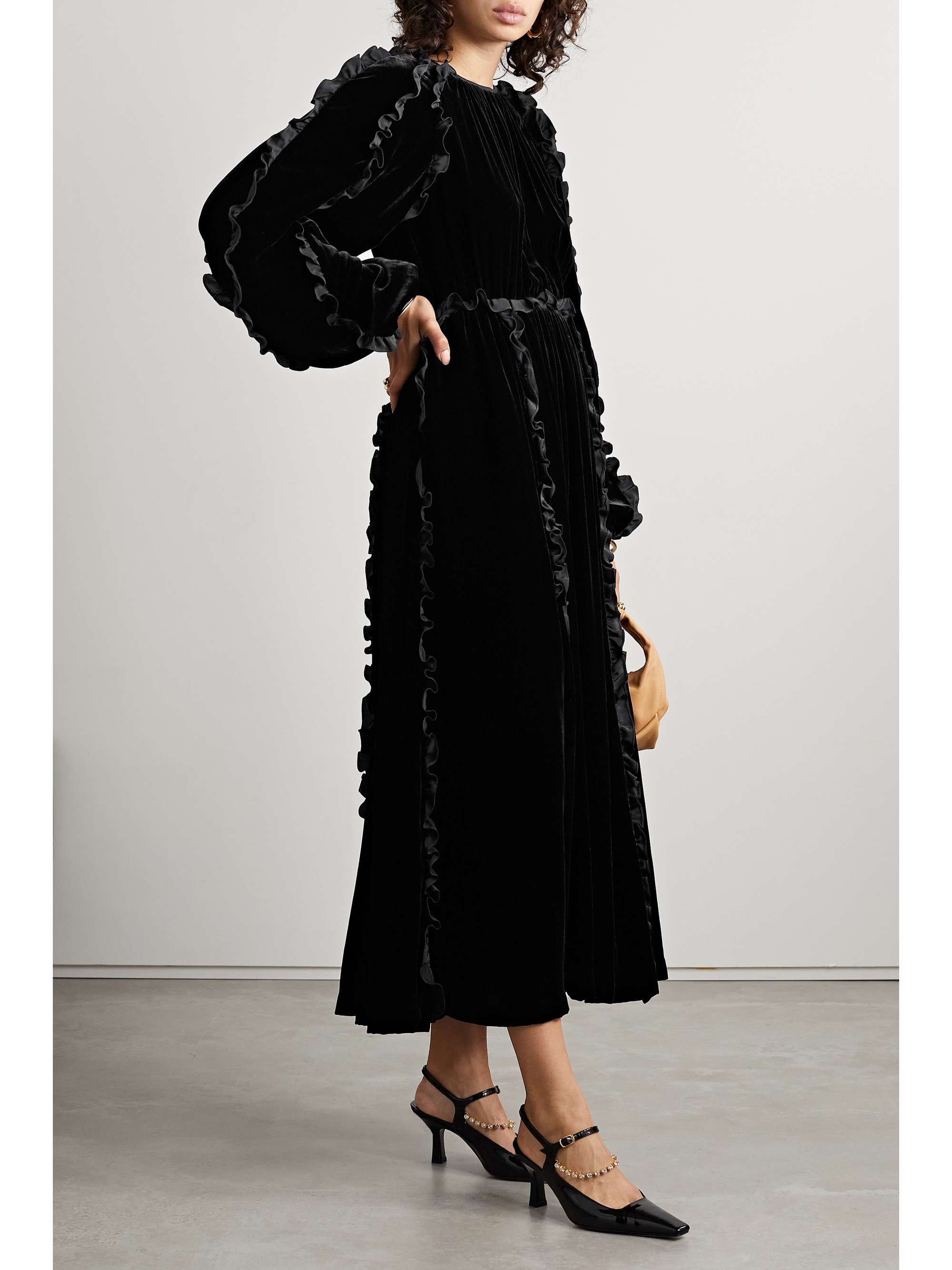 Black Ariane ruffled velvet midi dress | ULLA JOHNSON | NET-A-PORTER