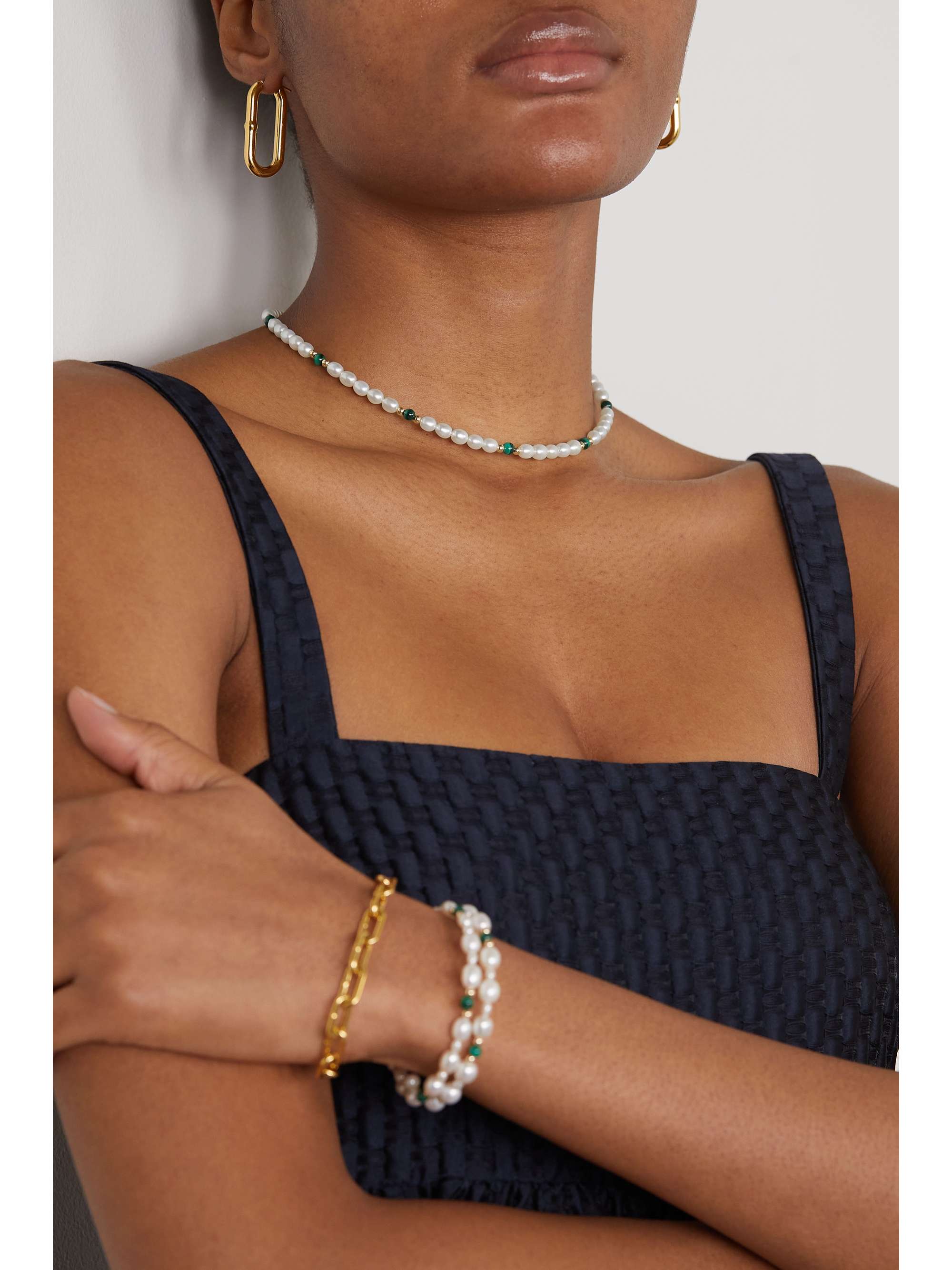 ANISSA KERMICHE The Pearl Next Door 9-karat gold, pearl and malachite necklace