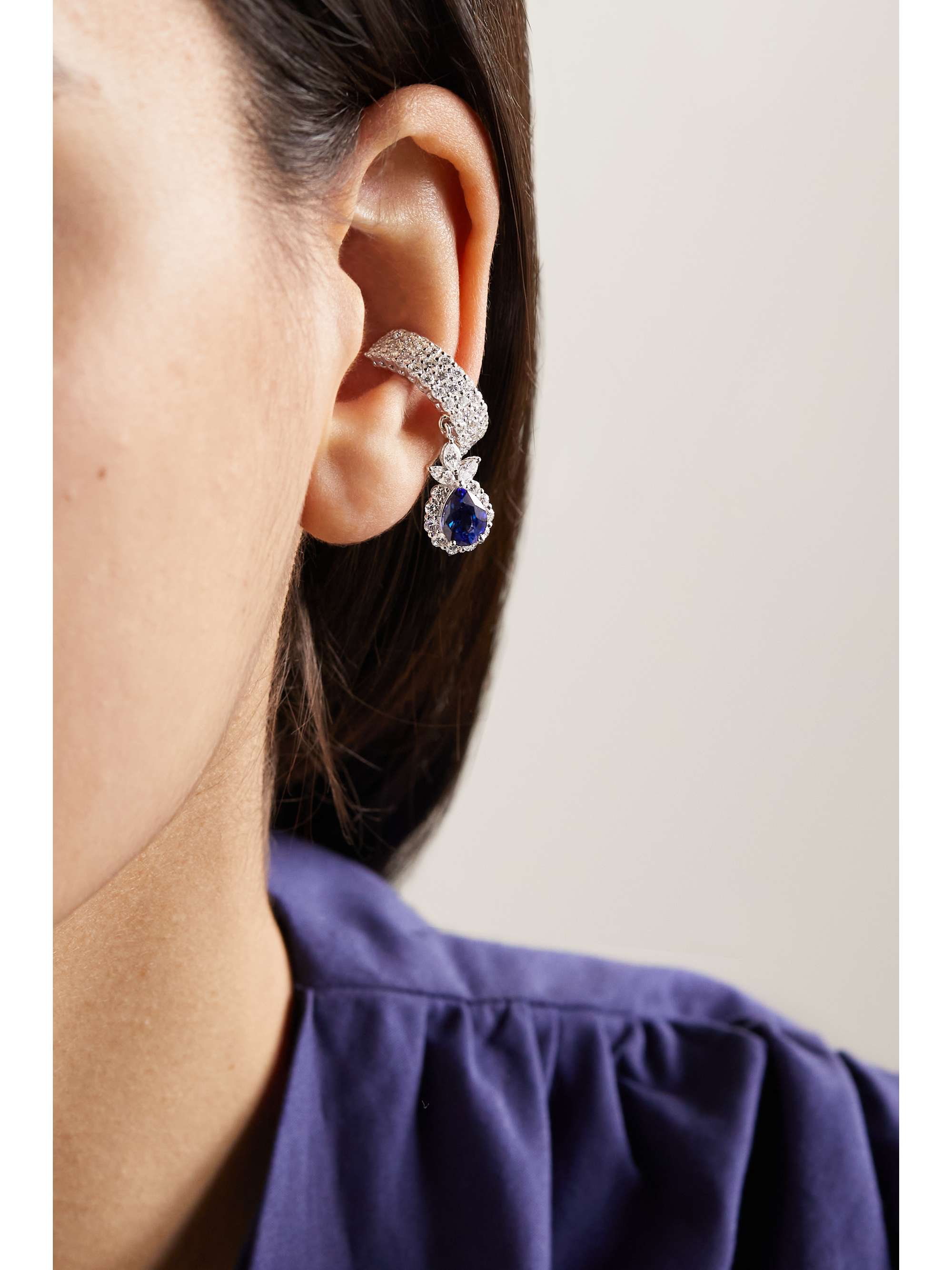 YEPREM 18-karat white gold, sapphire and diamond single clip earring