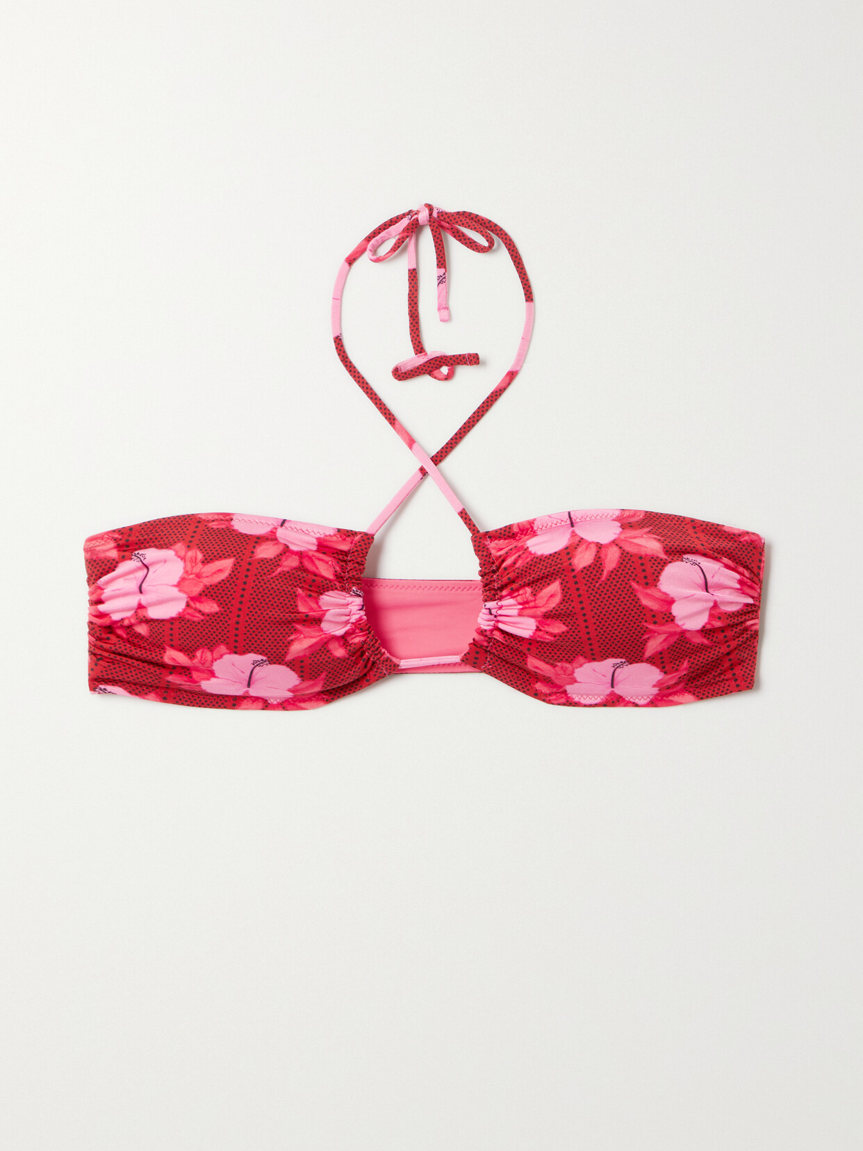 FISCH Pinel Ruched Floral-print Stretch-econyl Halterneck Bikini Top - Pink