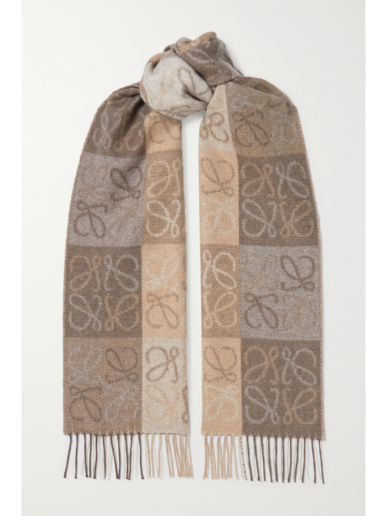 Loewe Fringed Intarsia Wool And Cashmere-blend Scarf In Neutrals