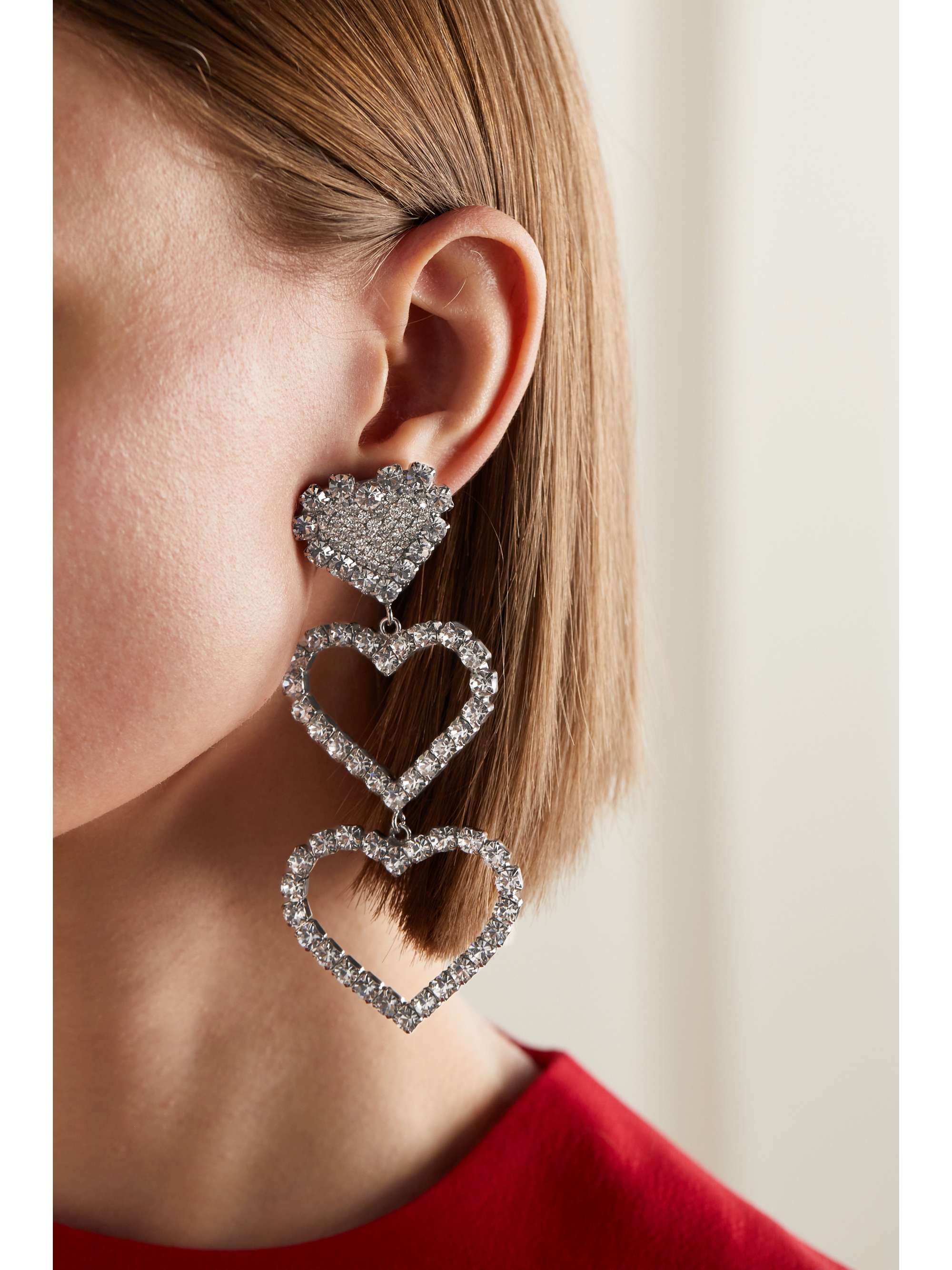 ALESSANDRA RICH Three Hearts silver-tone crystal clip earrings