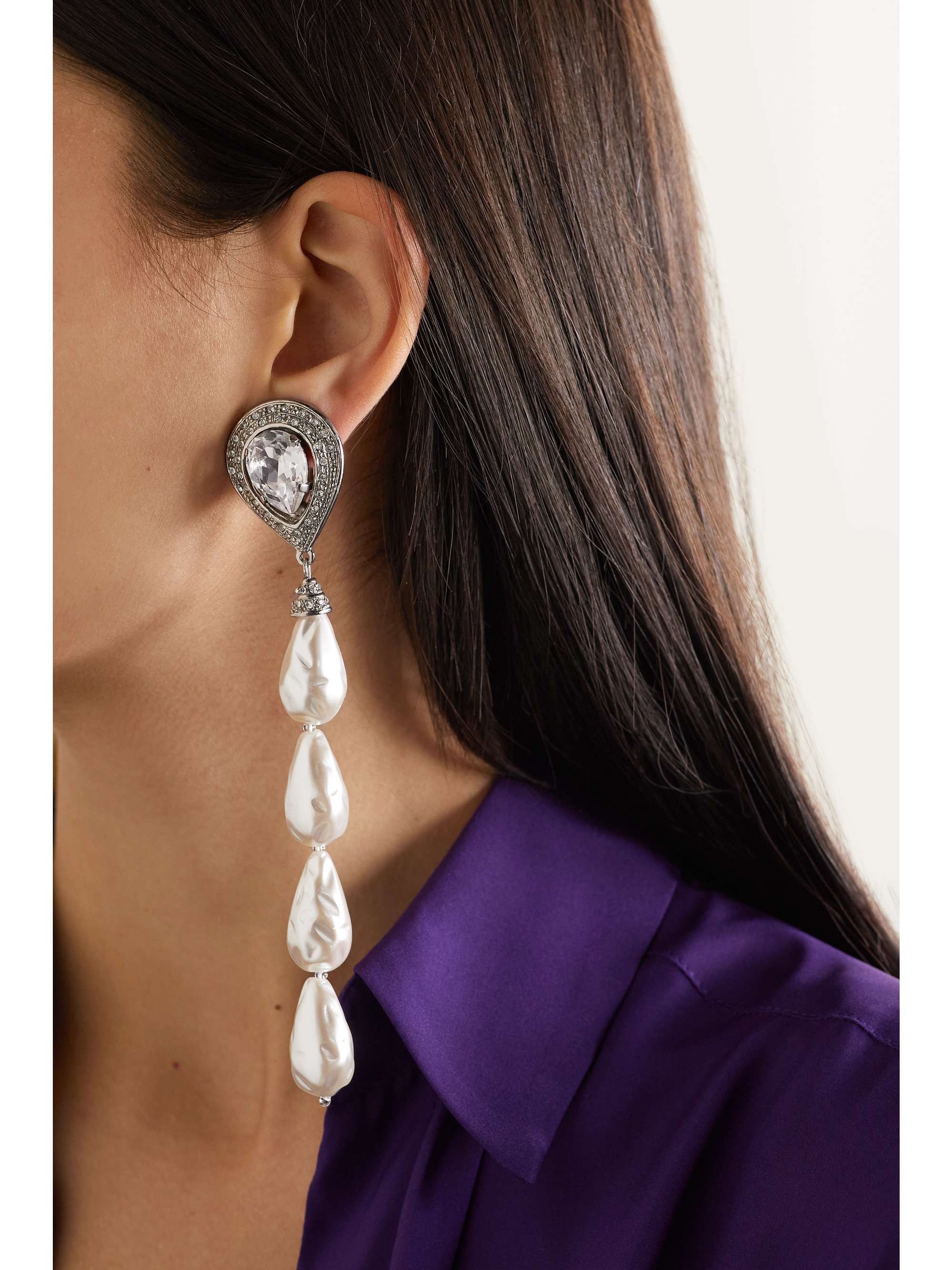 ALESSANDRA RICH Silver-tone, crystal and faux pearl clip earrings