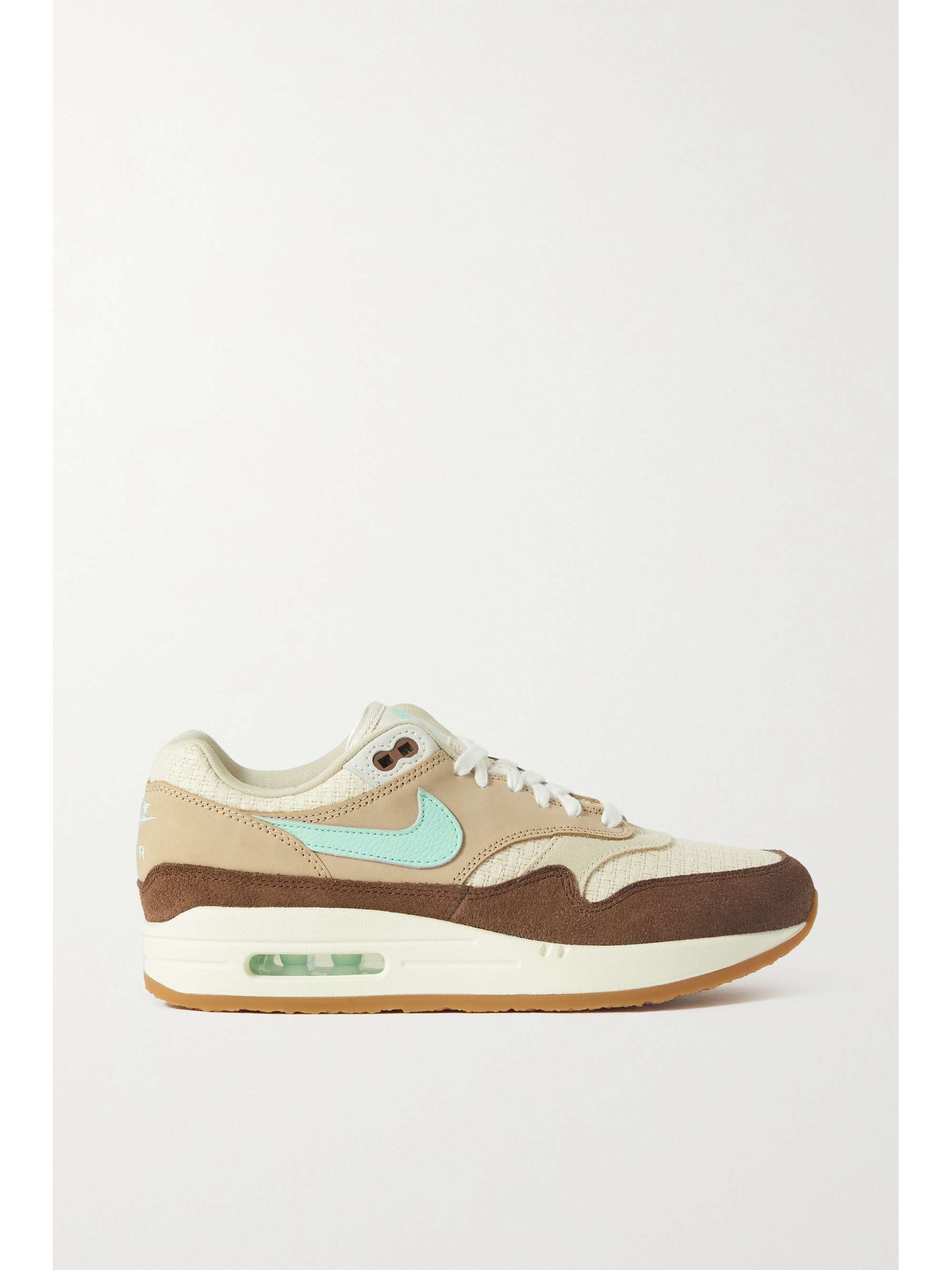 Beige Air Max 1 suede, leather and hemp sneakers | NIKE | NET-A-PORTER