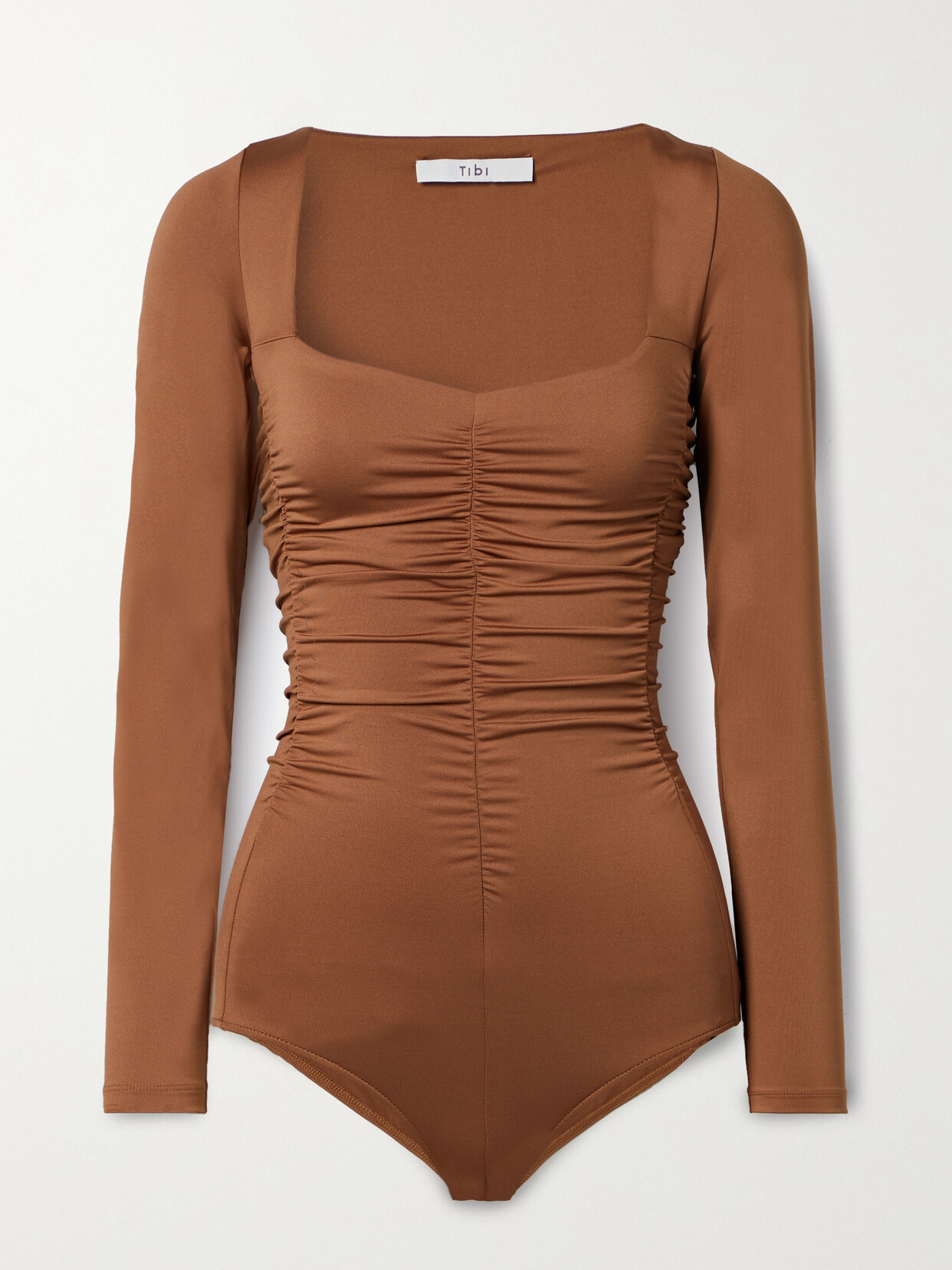 Tibi - Ruched Stretch-satin Jersey Bodysuit - Brown