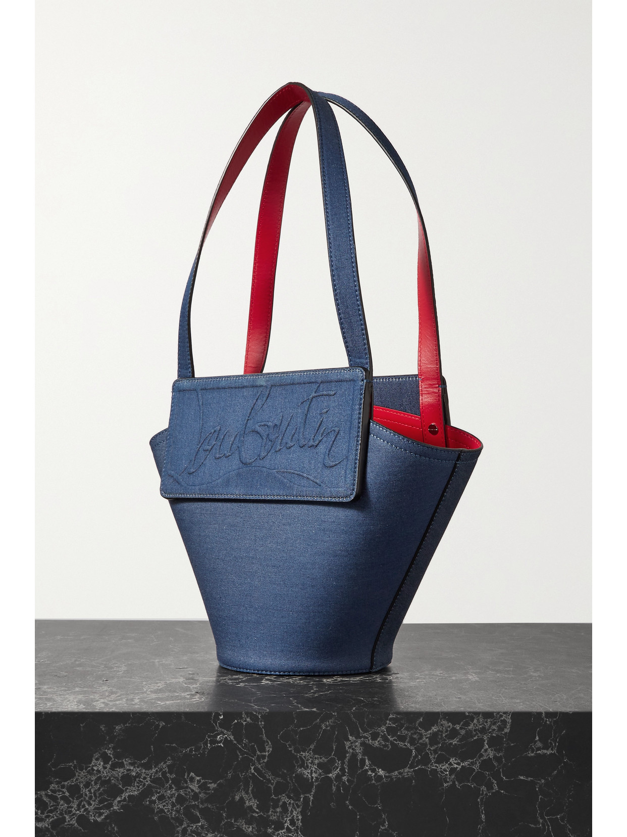 Christian Louboutin Loubishore Small Leather-trimmed Embossed Denim Tote In Blue