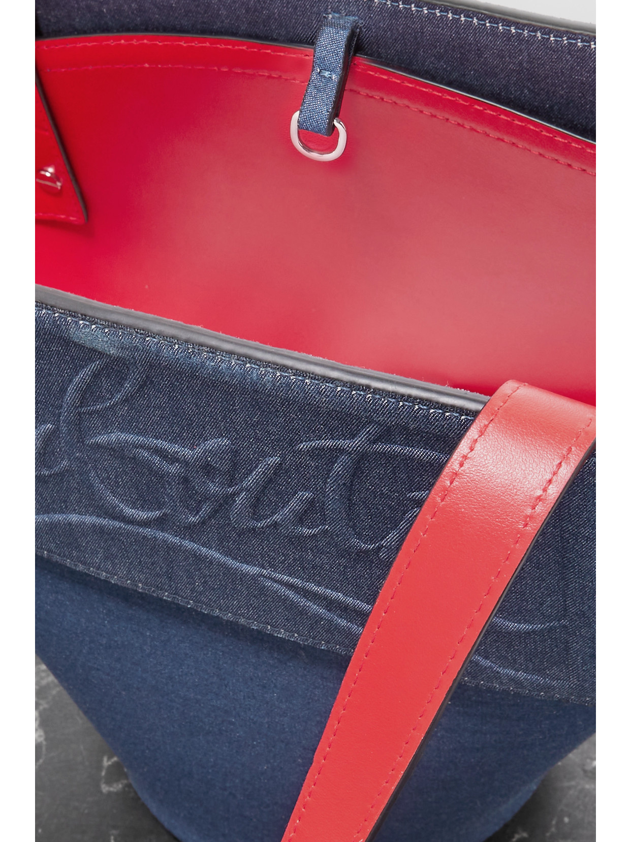 Christian Louboutin Loubishore Small Leather-trimmed Embossed Denim Tote In Blue