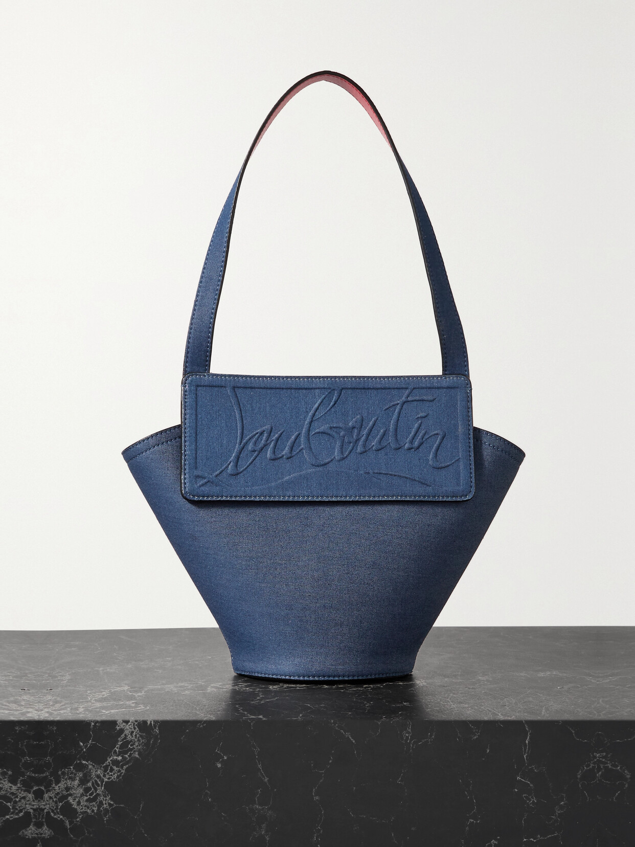 Christian Louboutin Loubishore Small Leather-trimmed Embossed Denim Tote In Blue