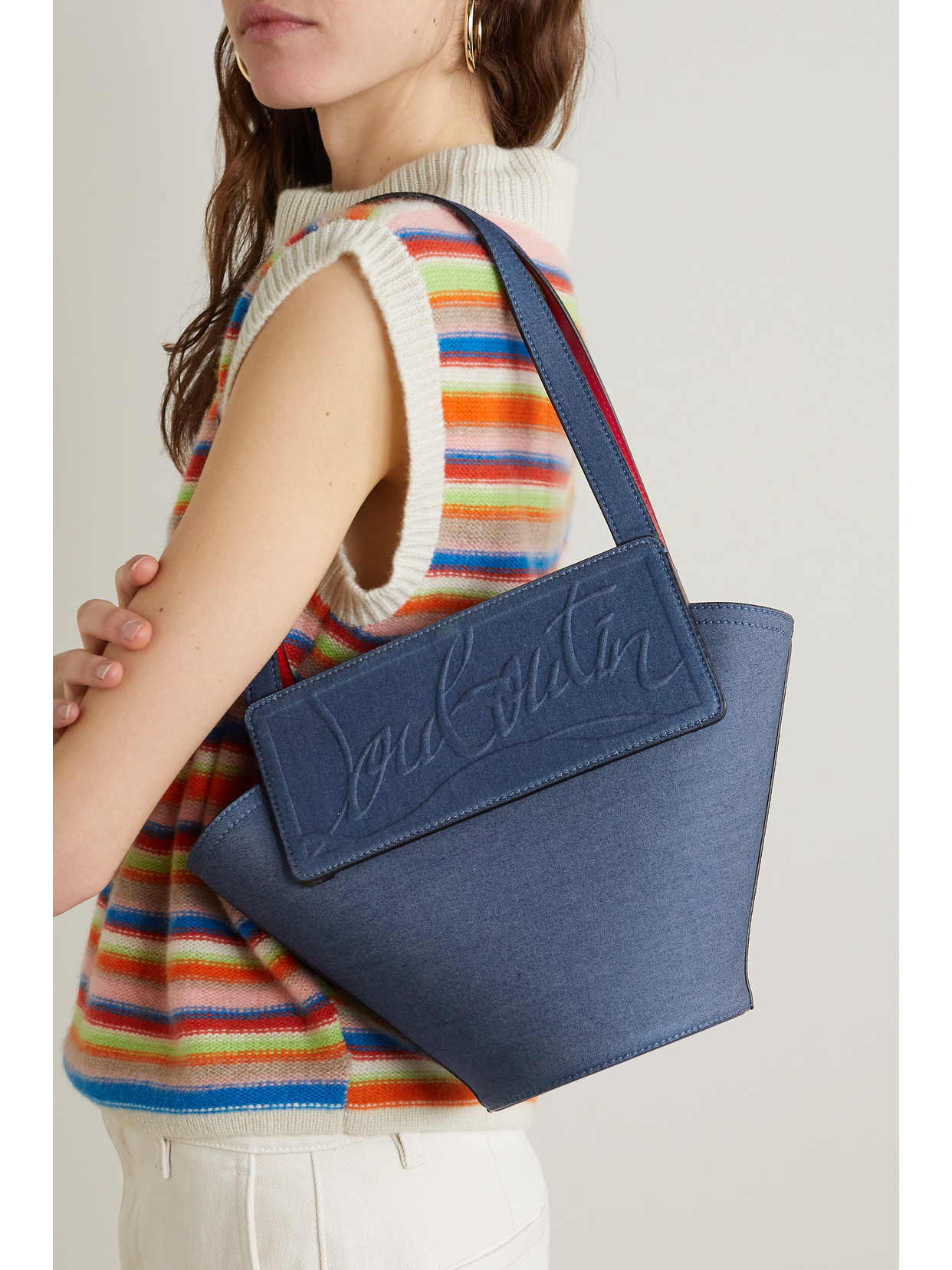 Christian Louboutin Loubishore Small Leather-trimmed Embossed Denim Tote In Blue