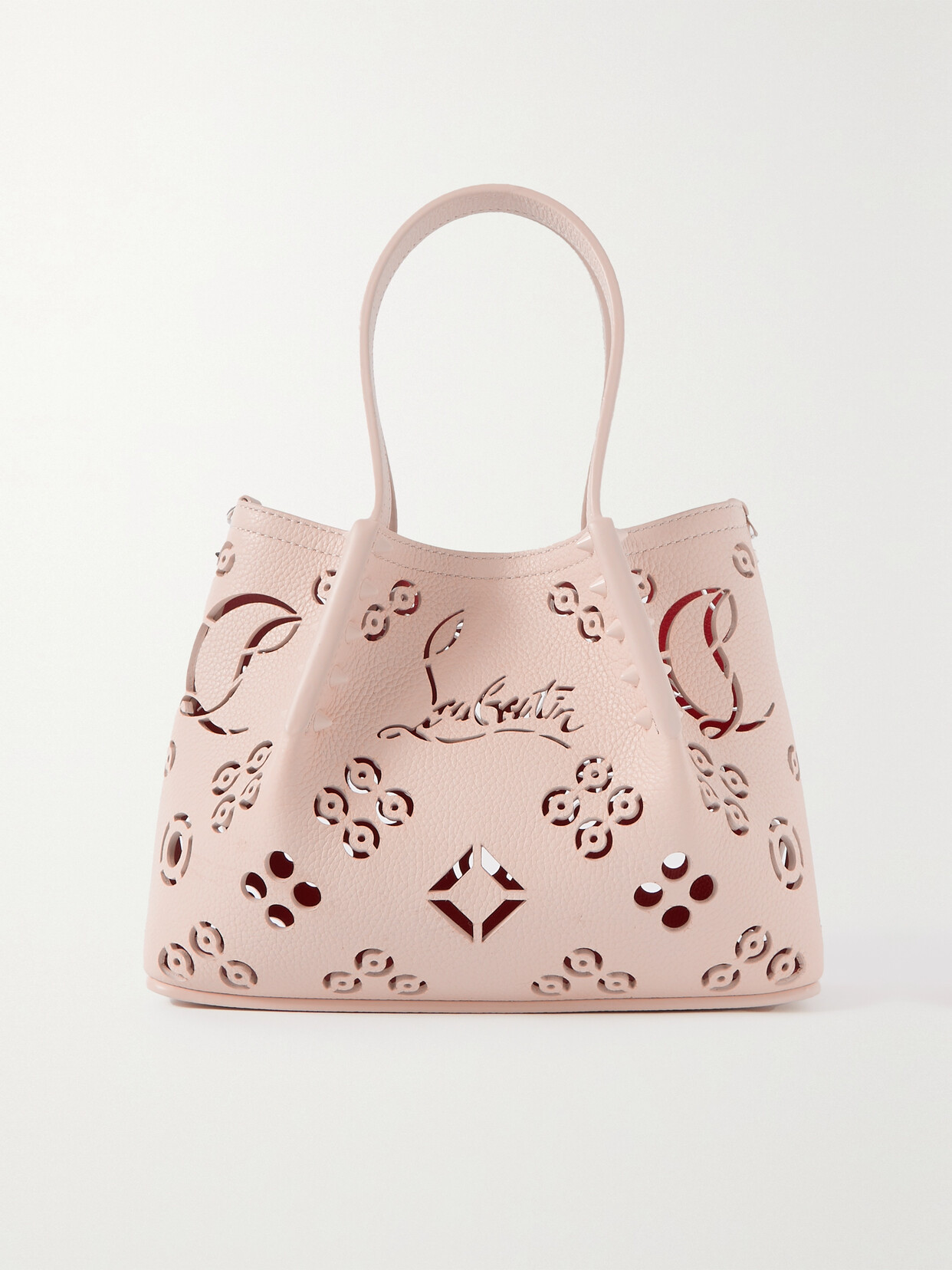 Christian Louboutin Cabarock Mini Studded Laser-cut Textured-leather Tote In F611 Leche/leche