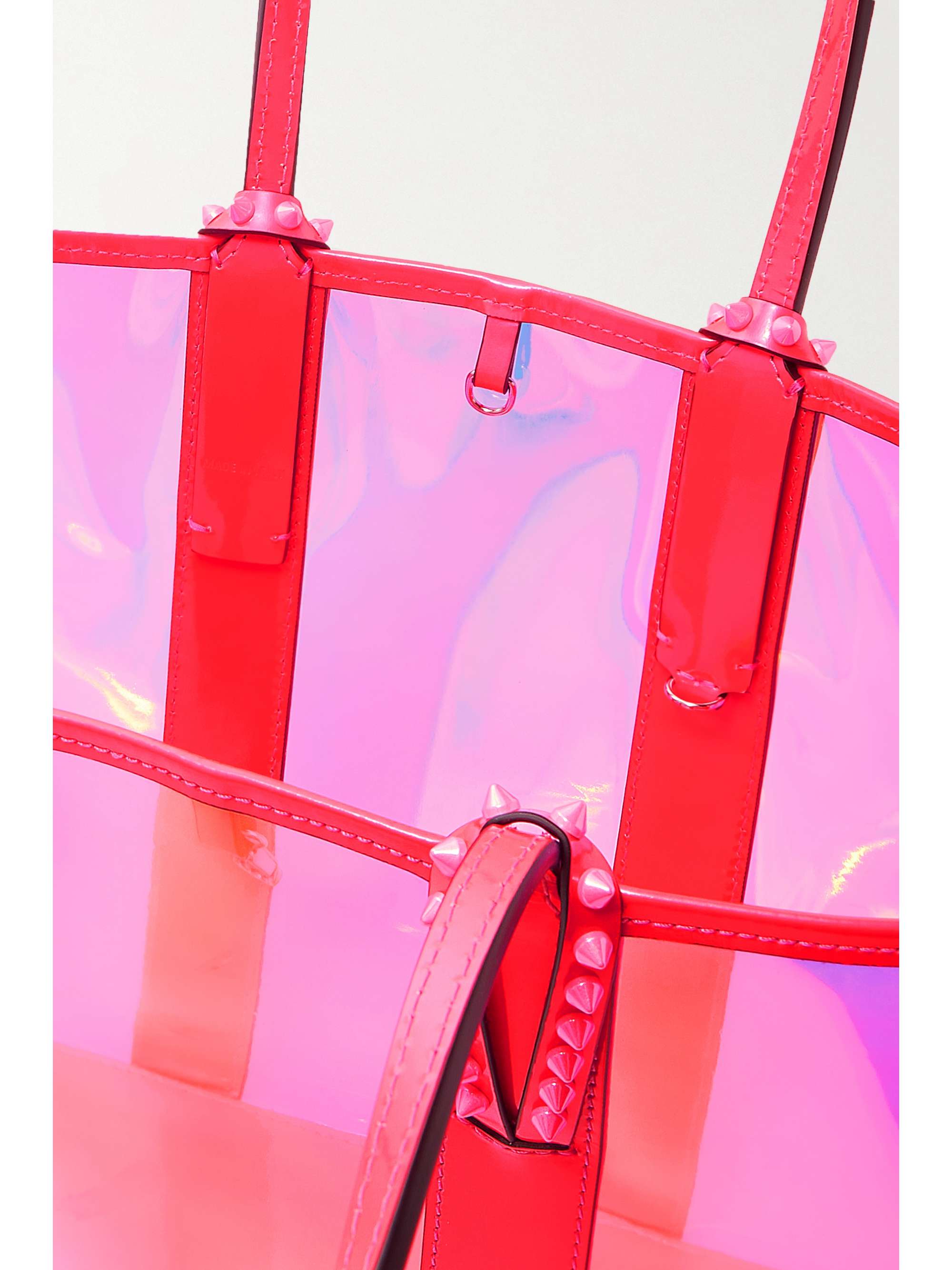 CHRISTIAN LOUBOUTIN Cabata small spiked neon leather-trimmed PVC tote