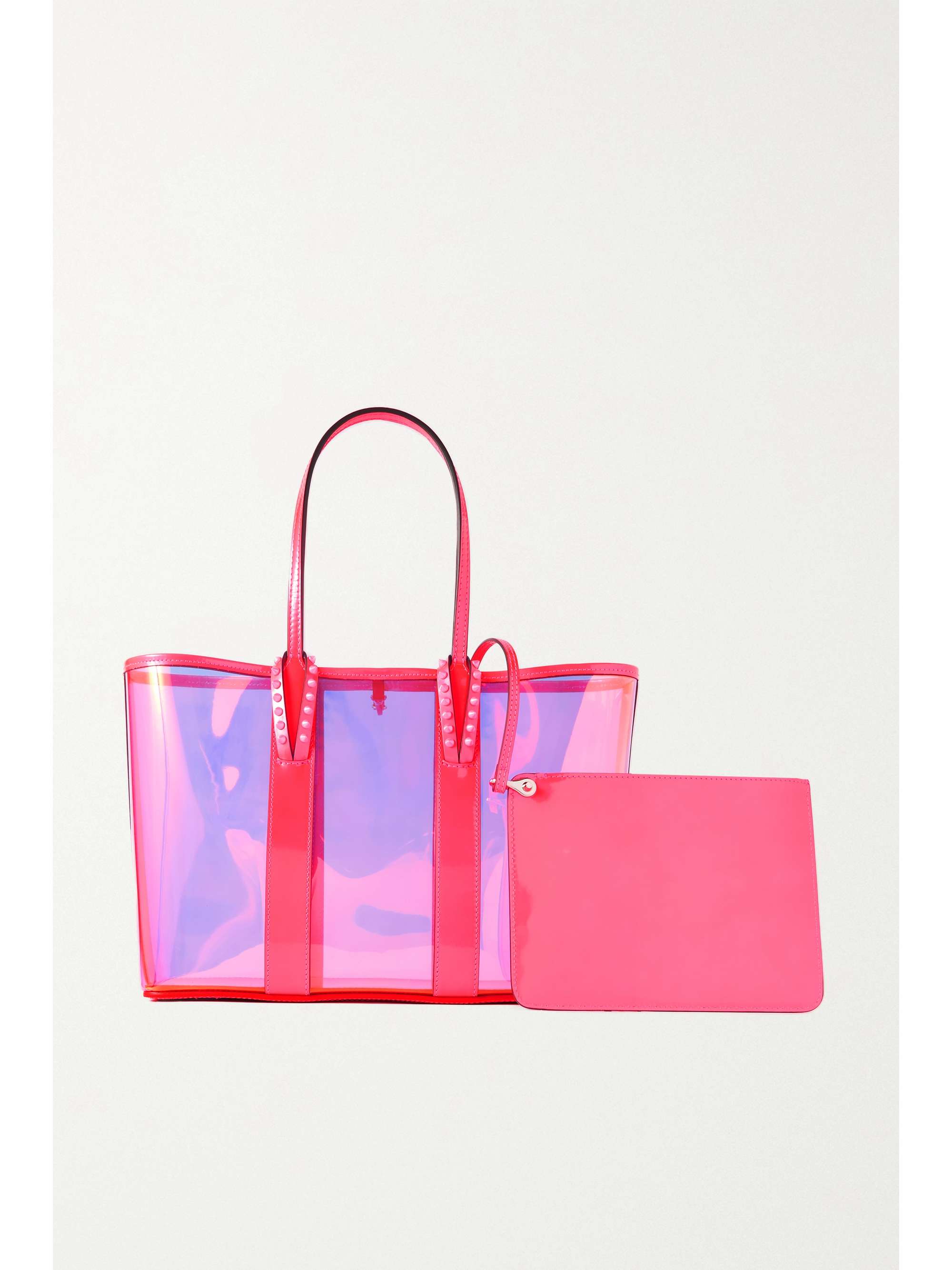 CHRISTIAN LOUBOUTIN Cabata small spiked neon leather-trimmed PVC tote