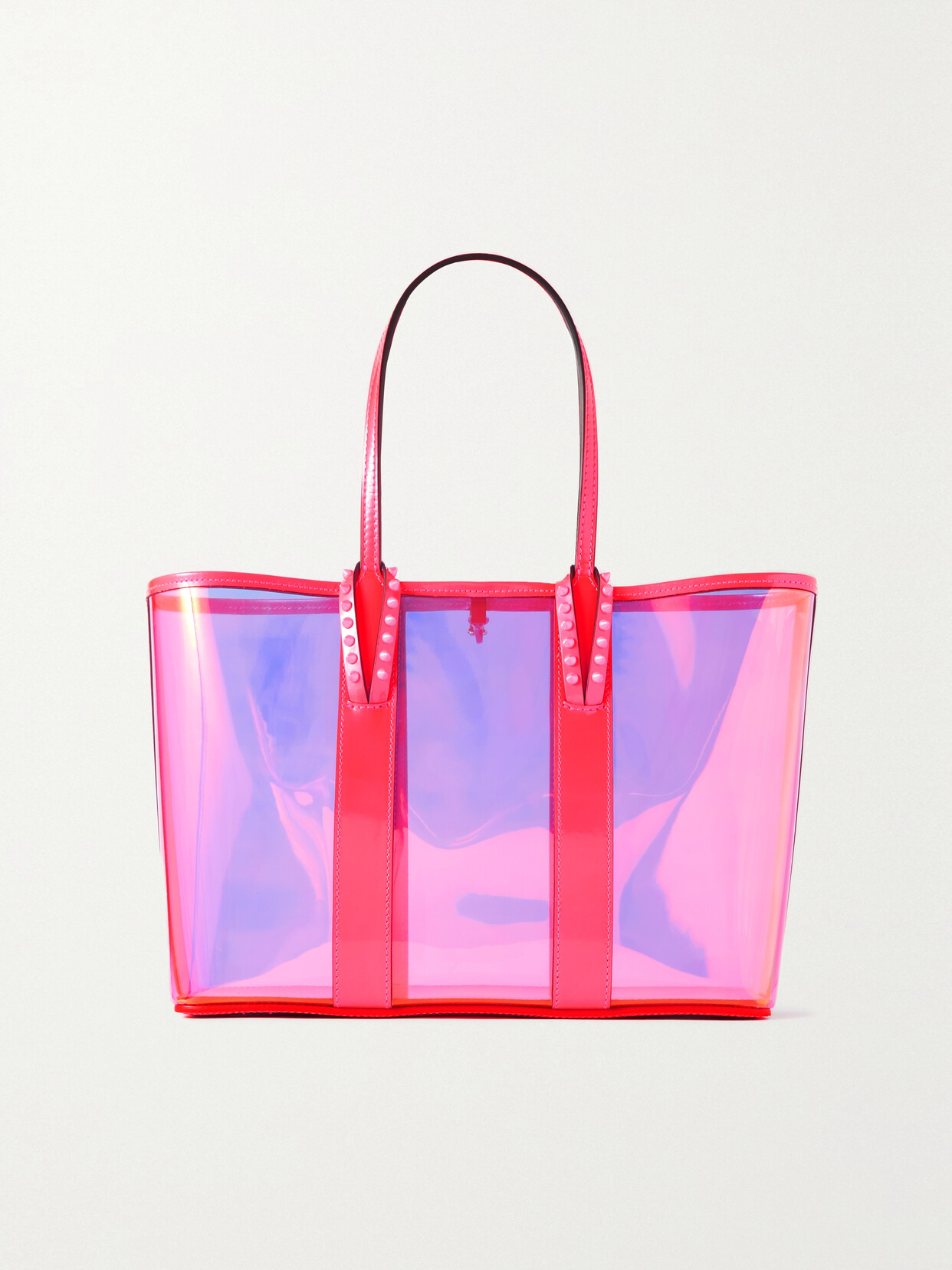 Christian Louboutin Cabata Small Spiked Neon Leather-trimmed Pvc Tote In Pink