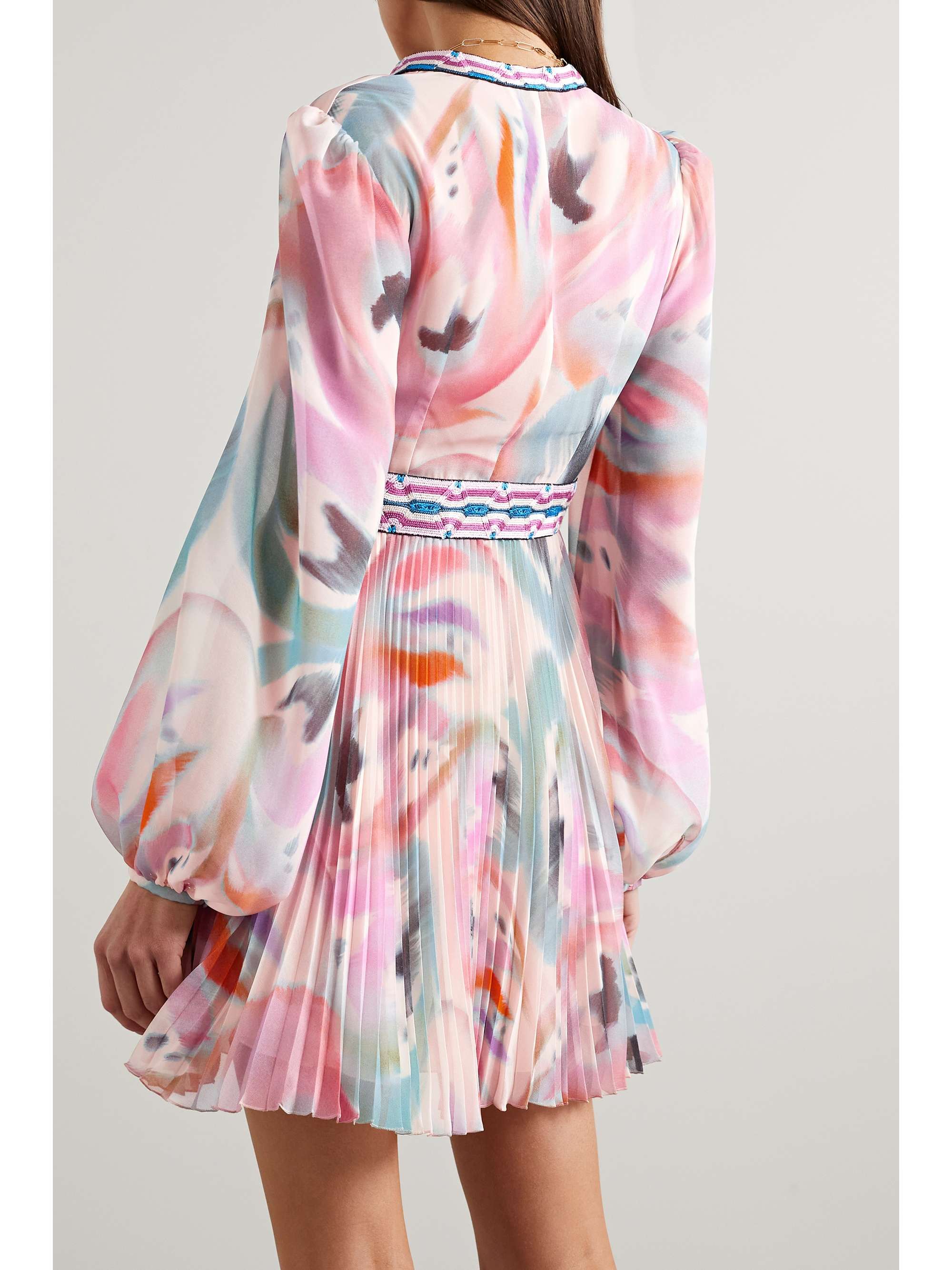 ETRO Pleated crochet-trimmed printed chiffon mini dress