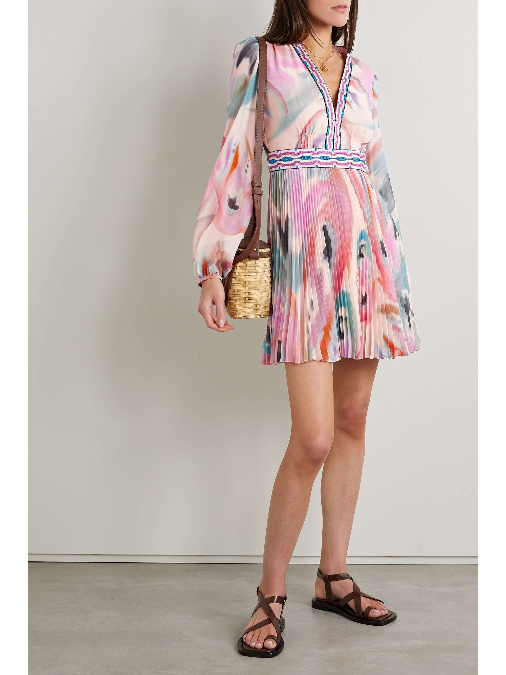 ETRO Pleated crochet-trimmed printed chiffon mini dress