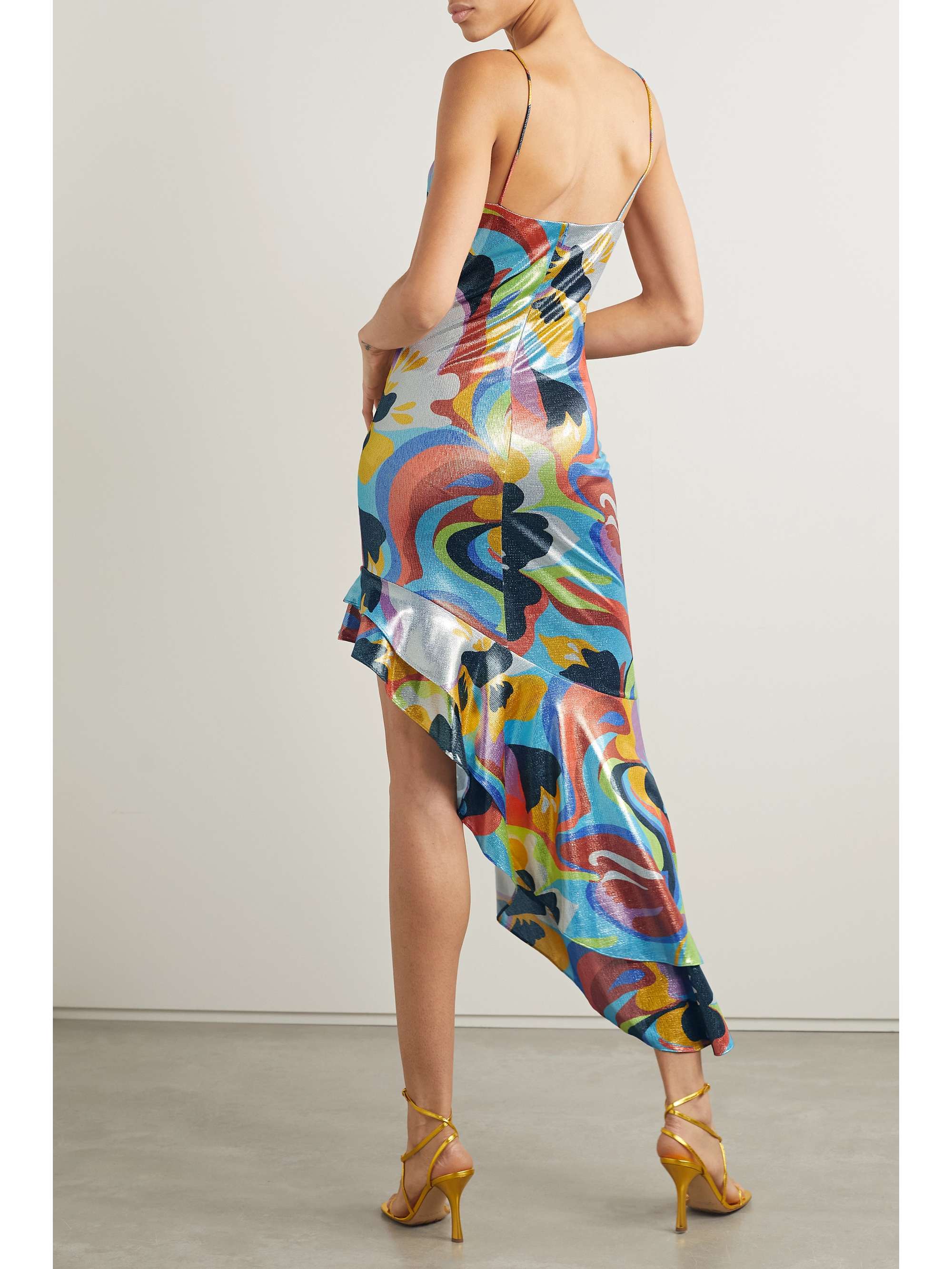 ETRO Asymmetric ruffled printed stretch-lamé dress