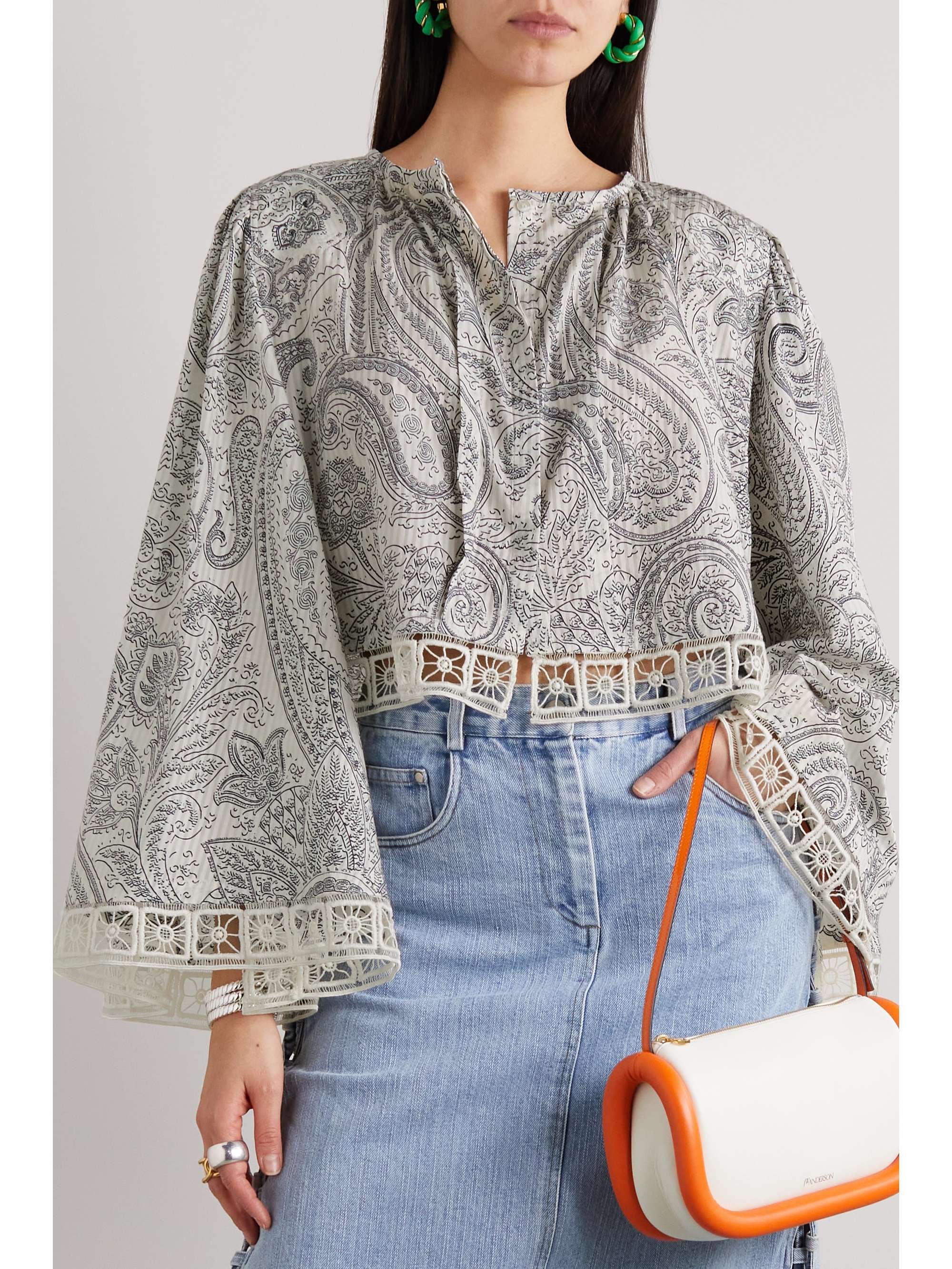 ETRO Cropped crochet-trimmed paisley-print cotton and silk-blend blouse