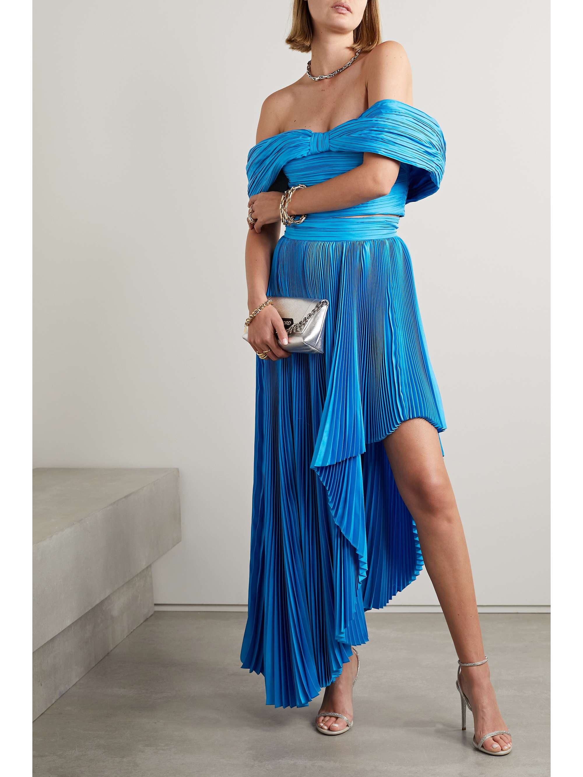 SEMSEM Draped asymmetric plissé silk-charmeuse maxi skirt