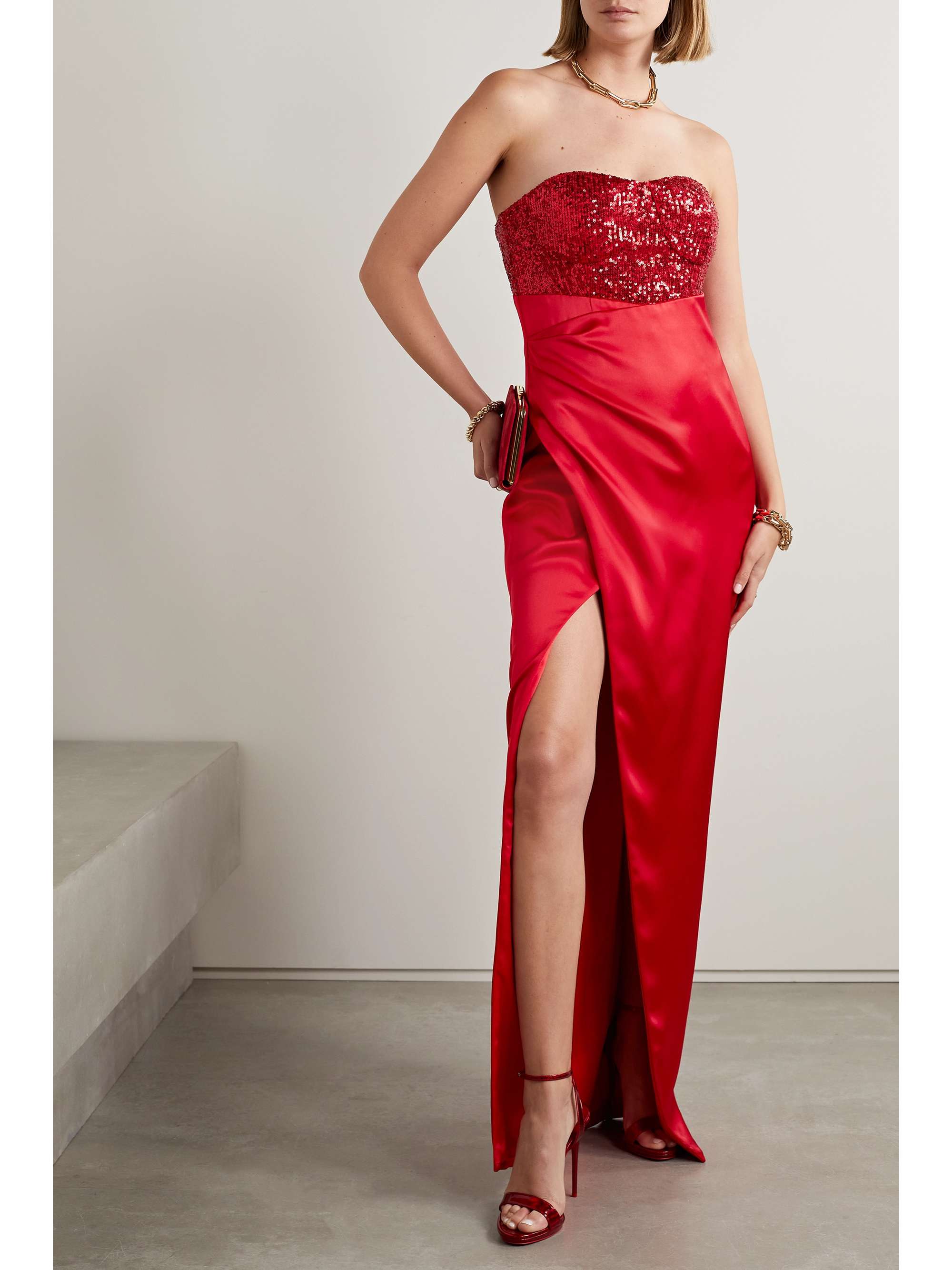 SEMSEM Gathered sequin-embellished charmeuse gown