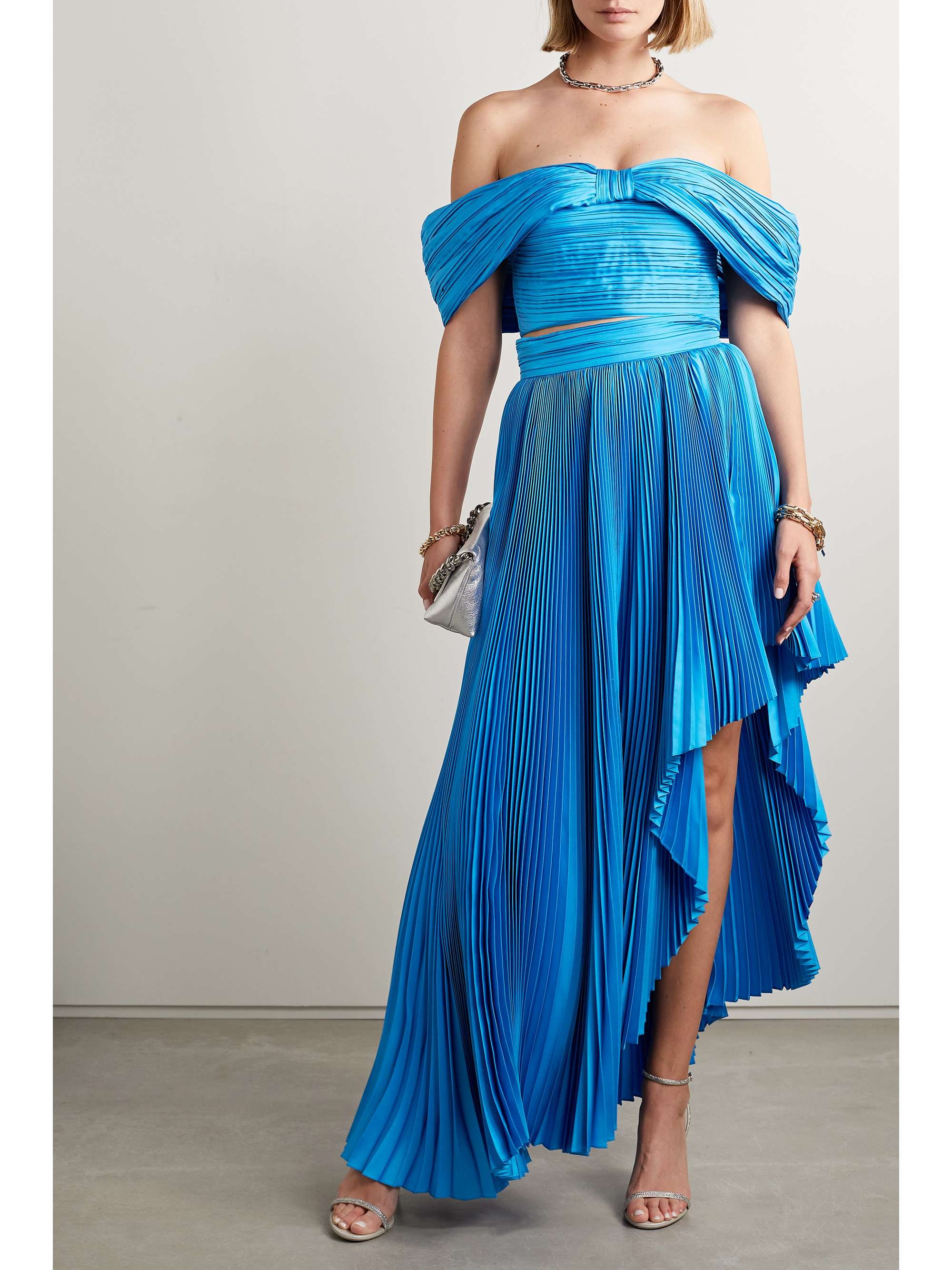 SEMSEM Off-the-shoulder plissé silk-charmeuse bustier top