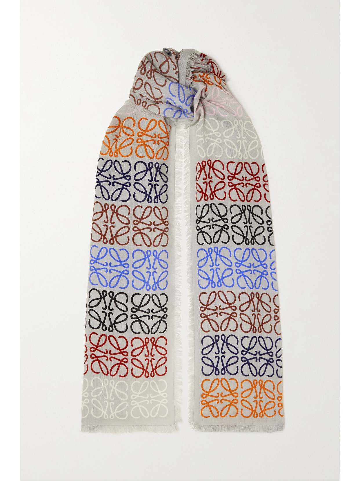 Loewe Fringed Printed Wool, Silk And Cashmere-blend Scarf In Gray