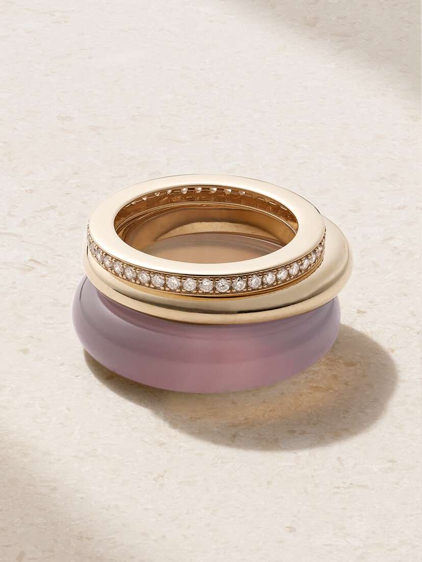 By Pariah + Net Sustain The Albert, Essential And Triple Eternity Set Of Three 9-karat Recycled Gold, Agate And Laboratory-grown Diamond Rings