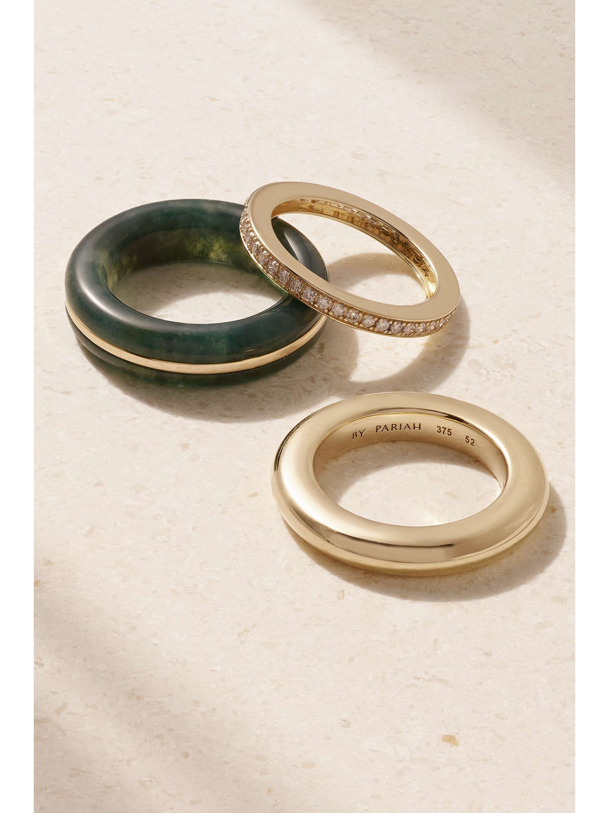 BY PARIAH The Albert, Essential and Triple Eternity set of three 9-karat recycled gold, agate and laboratory-grown diamond rings