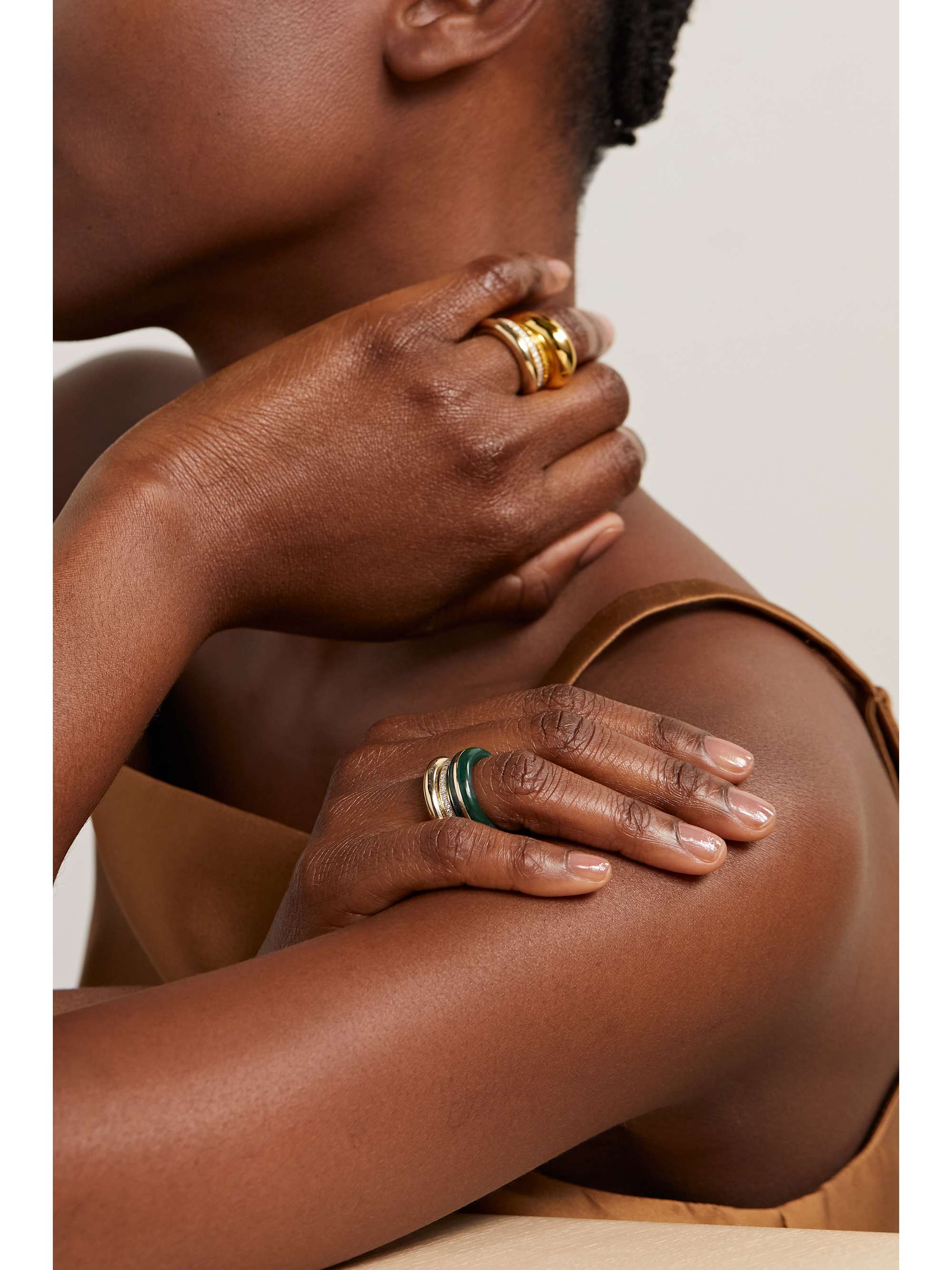 BY PARIAH The Albert, Essential and Triple Eternity set of three 9-karat recycled gold, agate and laboratory-grown diamond rings