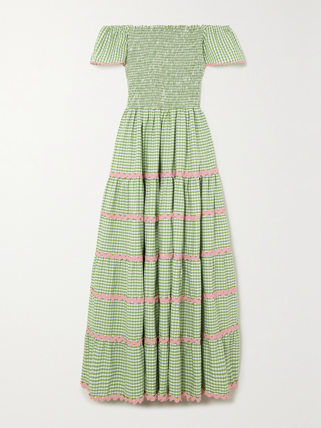 Flora Sardalos - Karpathos Shirred Tiered Ric Rac-trimmed Checked Cotton Maxi Dress - Green