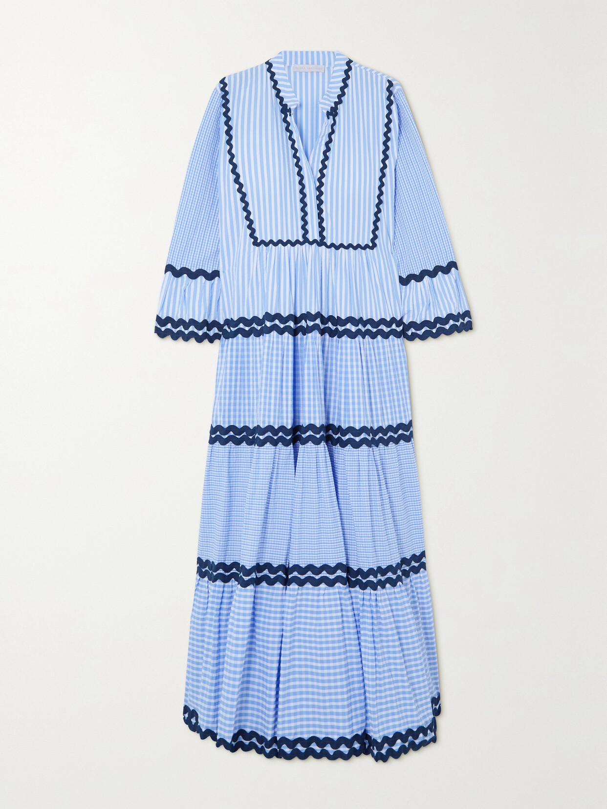 Flora Sardalos - Milos Ric Rac-trimmed Striped Checked Cotton Maxi Dress - Blue