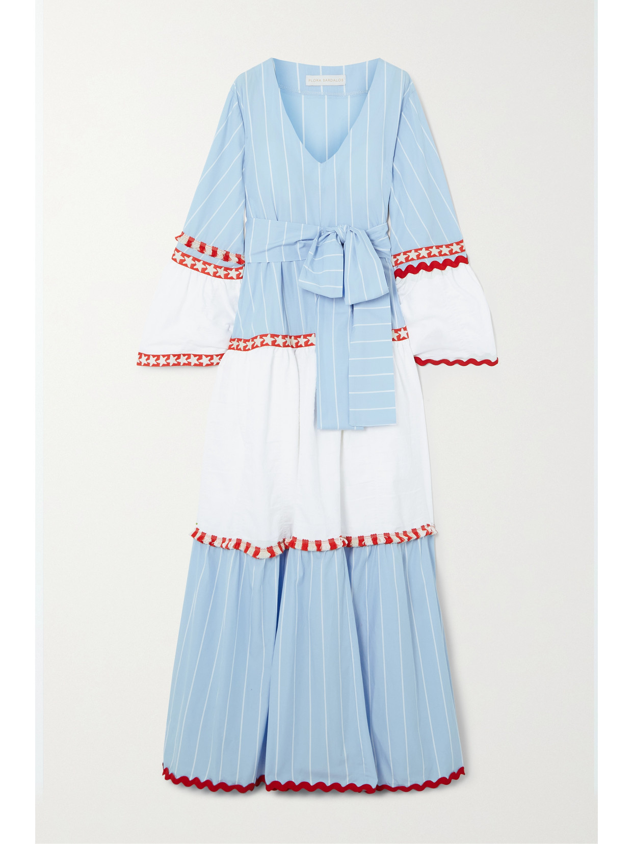 Flora Sardalos - Kerkyra Belted Ric Rac-trimmed Tiered Cotton Maxi Dress - Blue