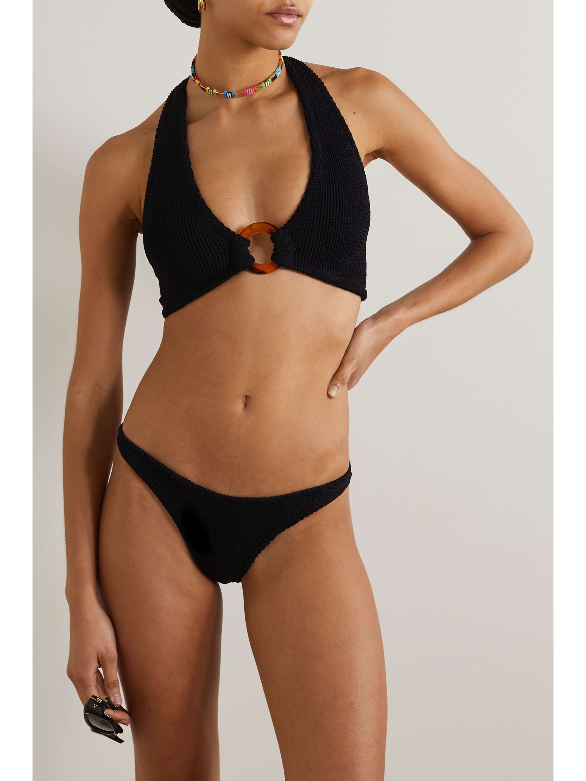 HUNZA G + NET SUSTAIN Coco embellished seersucker halterneck bikini