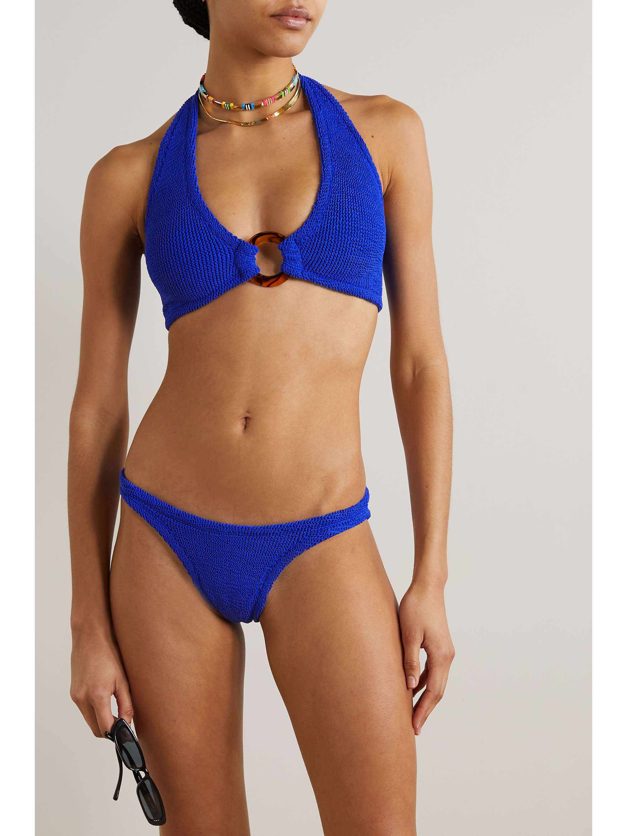 HUNZA G + NET SUSTAIN Coco embellished seersucker halterneck bikini