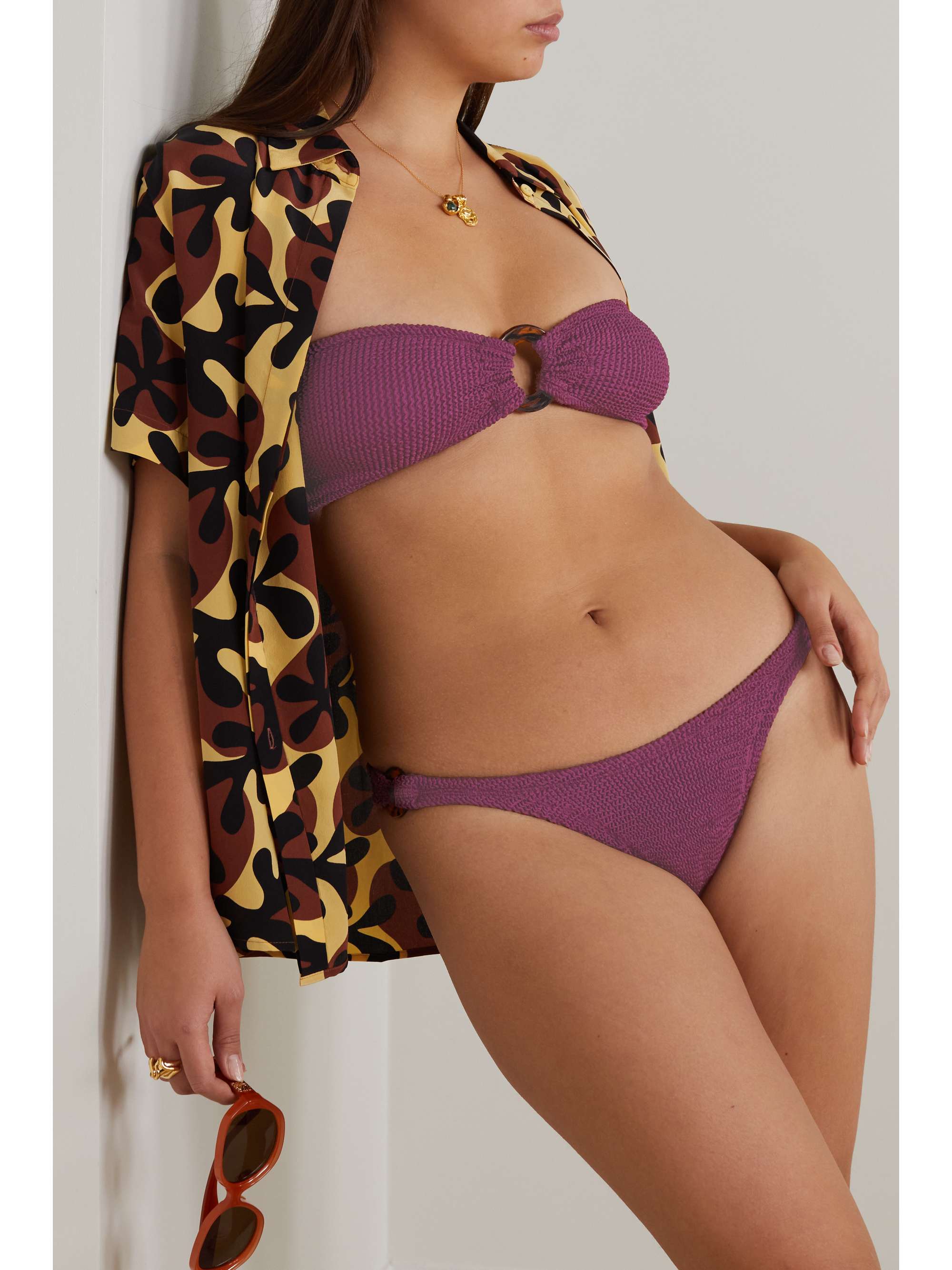HUNZA G Gloria embellished seersucker bandeau bikini