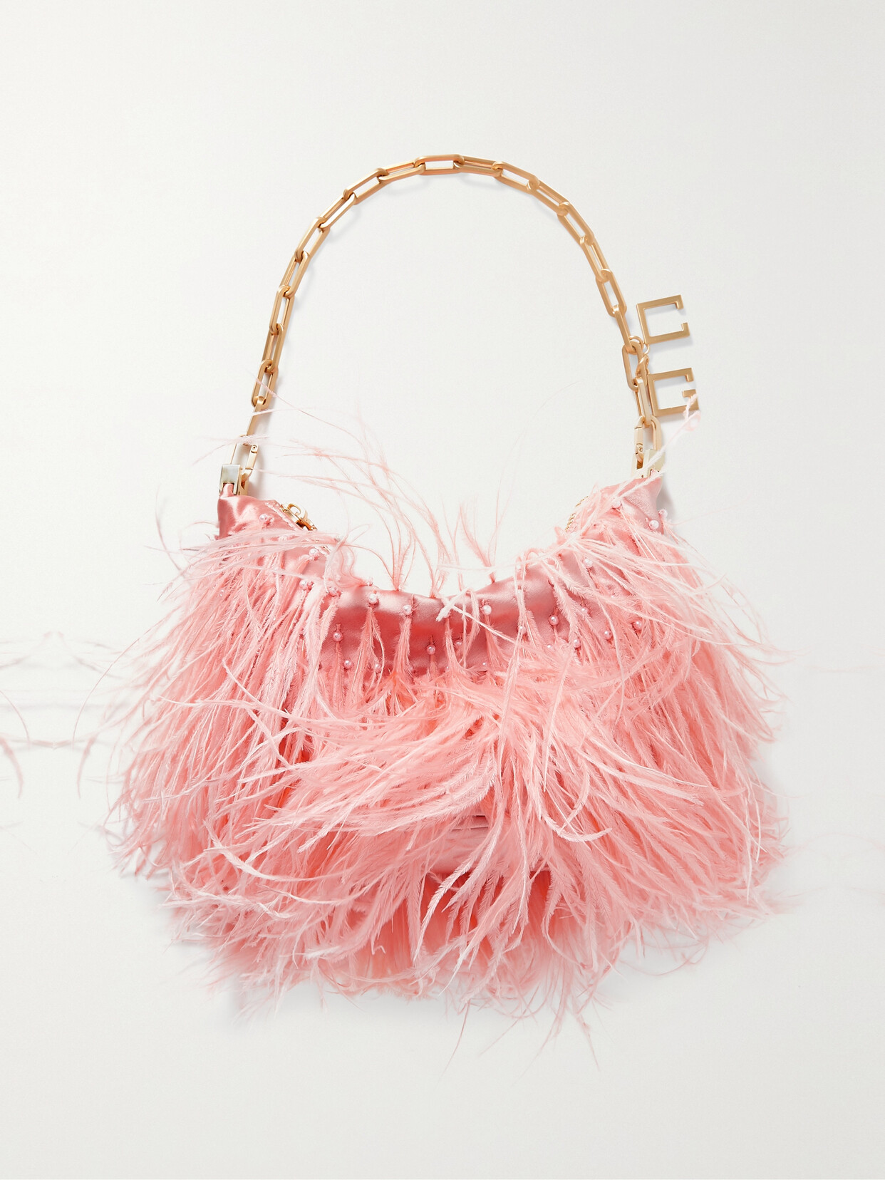 Cult Gaia - Faux Pearl And Feather-embellished Satin Shoulder Bag - Orange