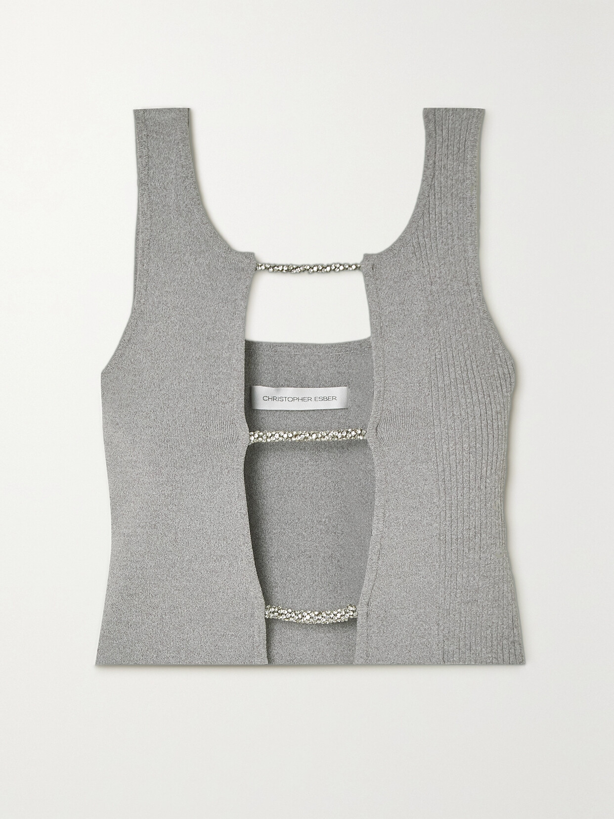 Christopher Esber - Cropped Cutout Crystal-embellished Cutout Stretch-knit Top - Gray